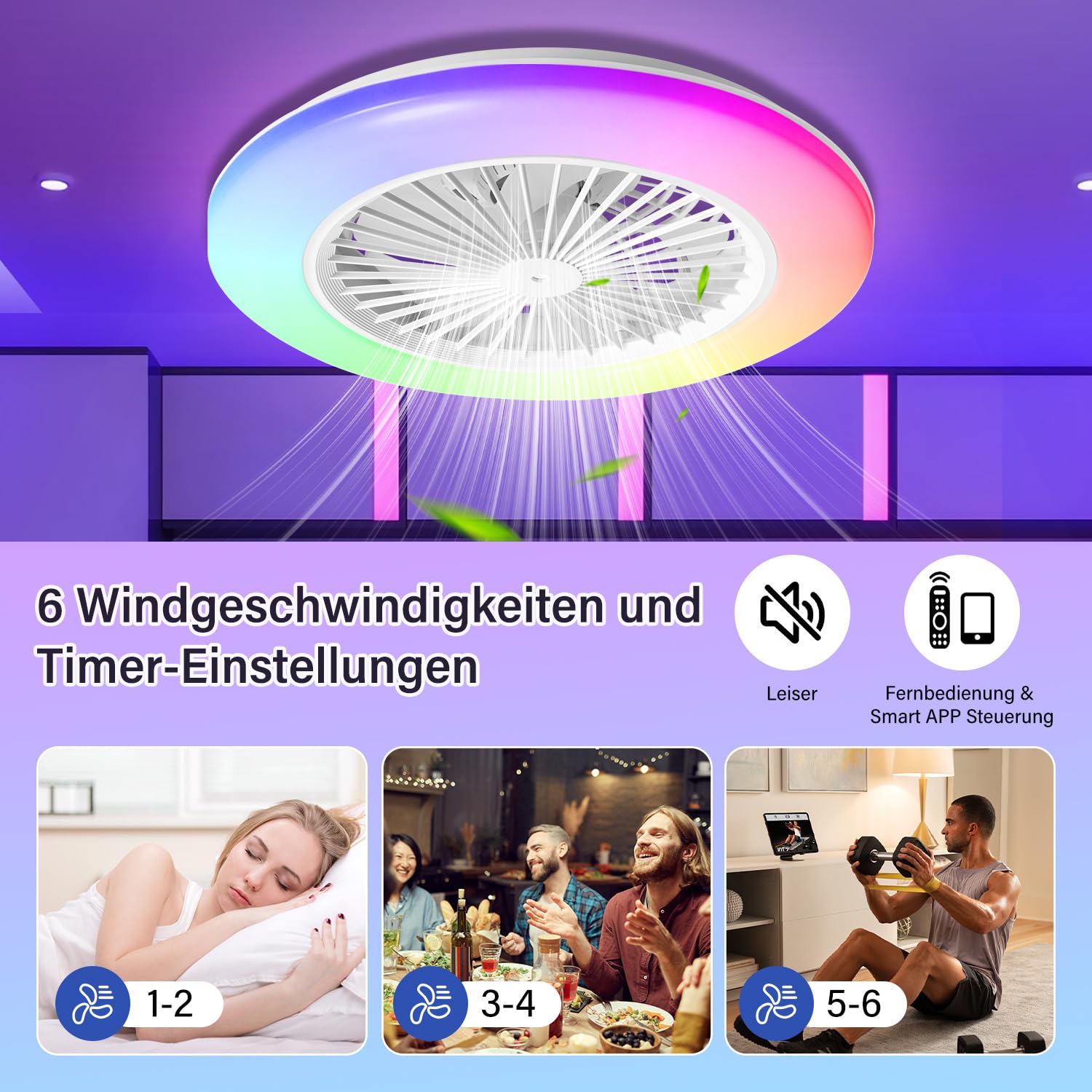 2 in 1 Deckenventilator mit Beleuchtung und Fernbedienung, Ø49 cm Smart RGB Lampe Mit Ventilator Für Wohnzimmer Schlafzimmer, 3 Farbtemperatur, 6 Geschwindigkeiten, Timer Sommer-Winterbetrieb