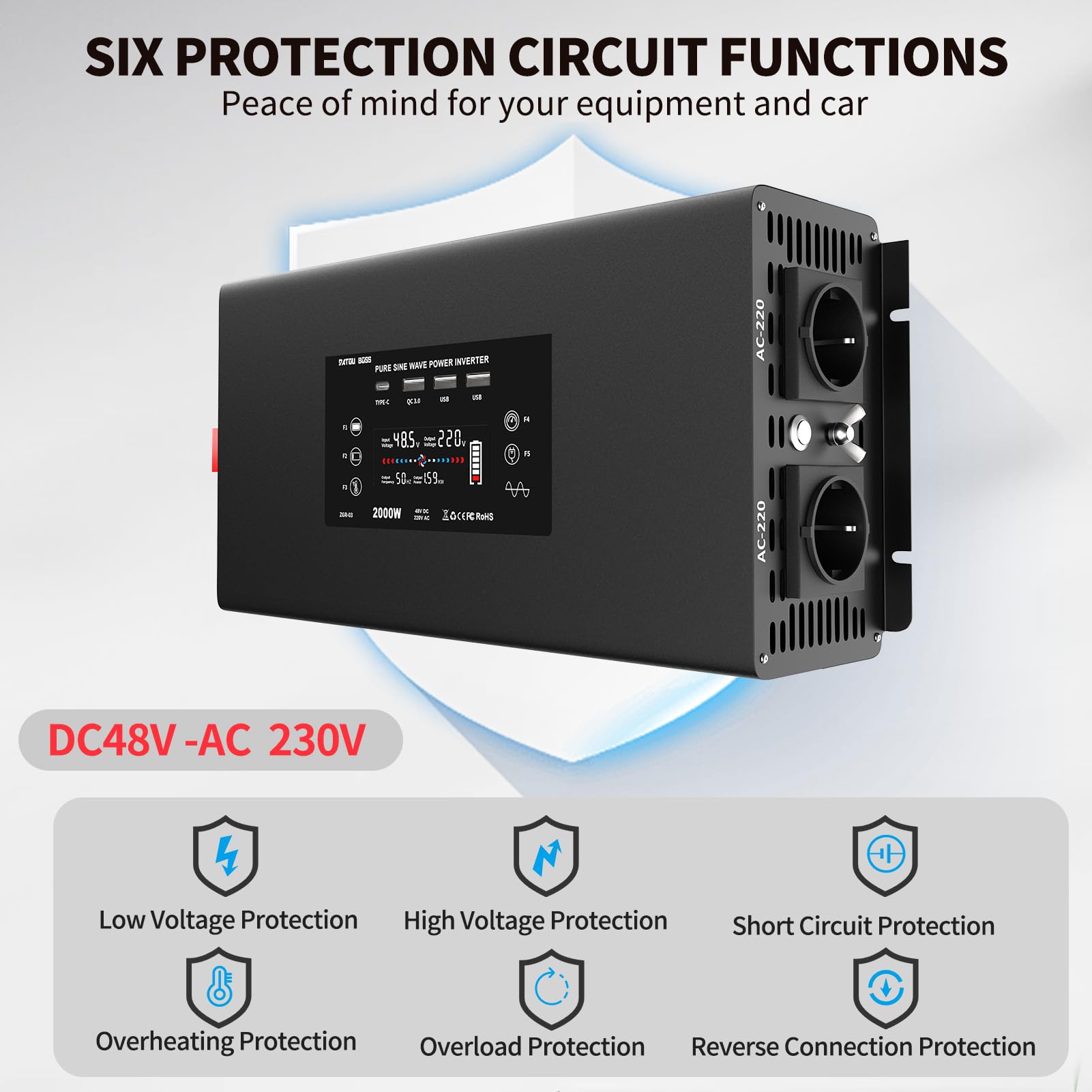 DATOUBOSS Inverter 48v 220v Onda Pura 2000W/4000W Convertitore Inverter con 2 Prese EU 2 Porta USB QC3.0 Type-C e Display LCD per Camion Camper Auto