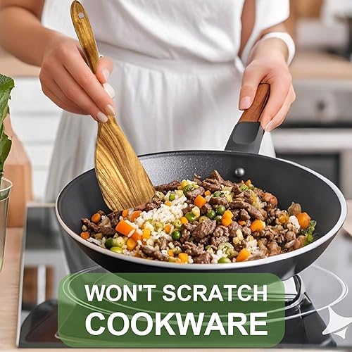 Miniatura 7 de Espátula de madera para cocinar, 5 espátulas de madera de acacia para uso en cocina, utensilios de cocina de madera antiadherentes, juego de 5