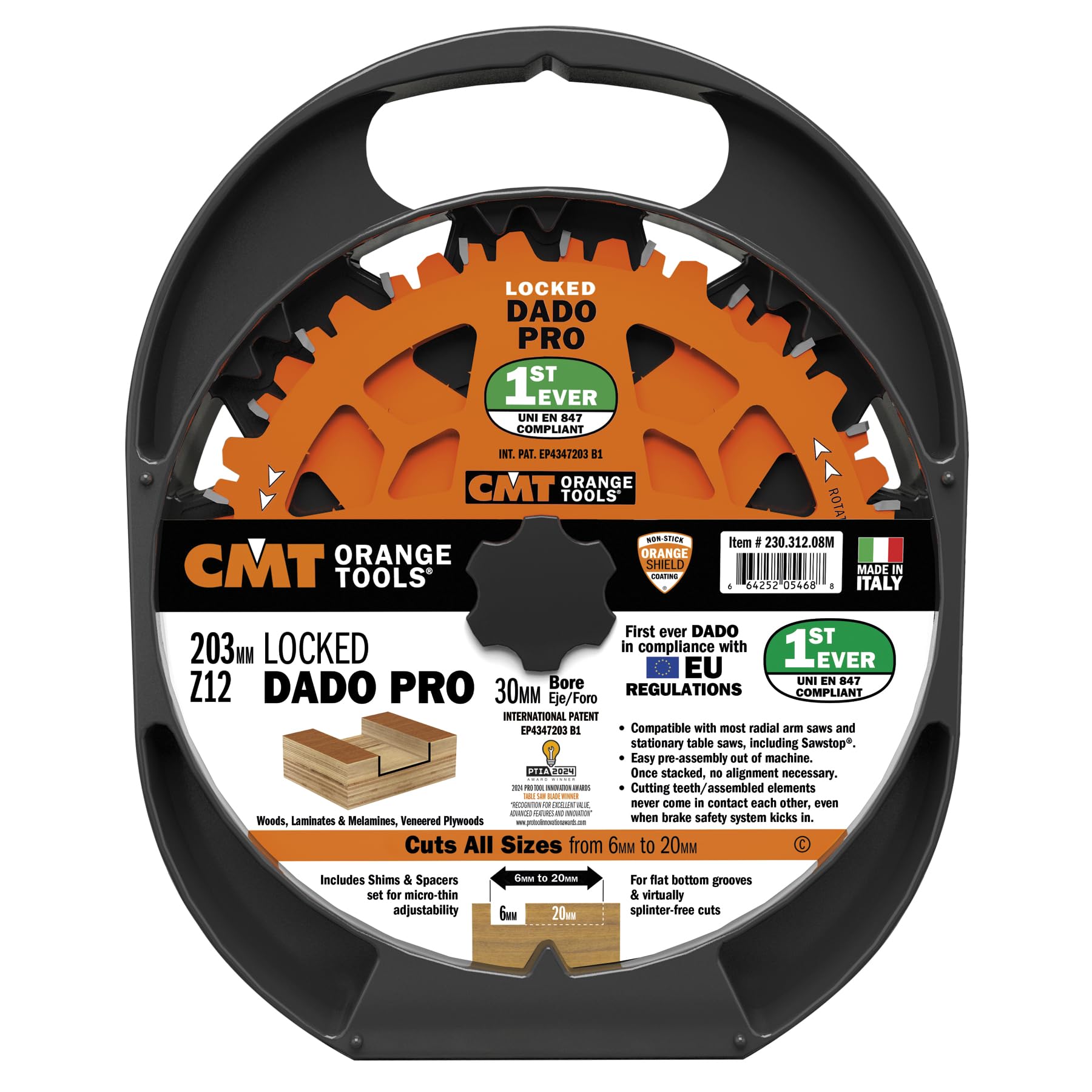 CMT 230.312.08M Set lames encatrées (DADO 8in) HW D=203 B=30 Z12 FTG+ATB PTFE Orange