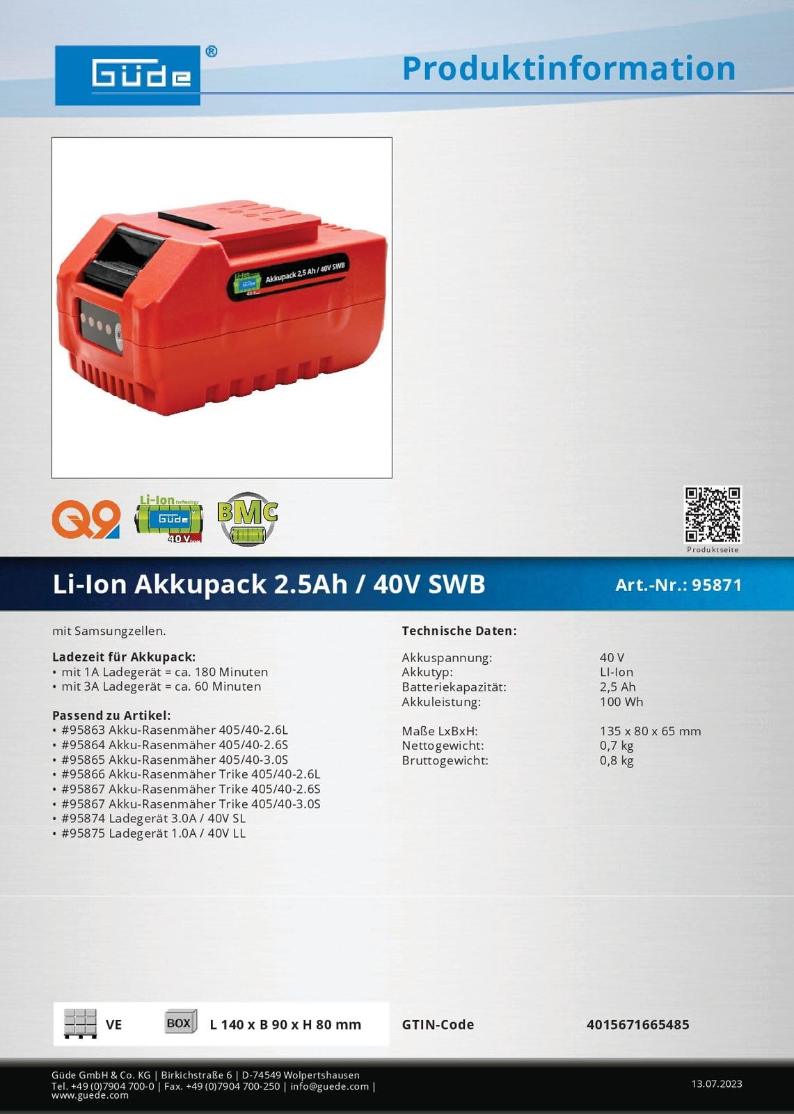 GÜDE Ersatzakku SWB (2,5Ah Kapazität, 40V Spannung, passend für das Güde 40V System Li-Ion) 95871
