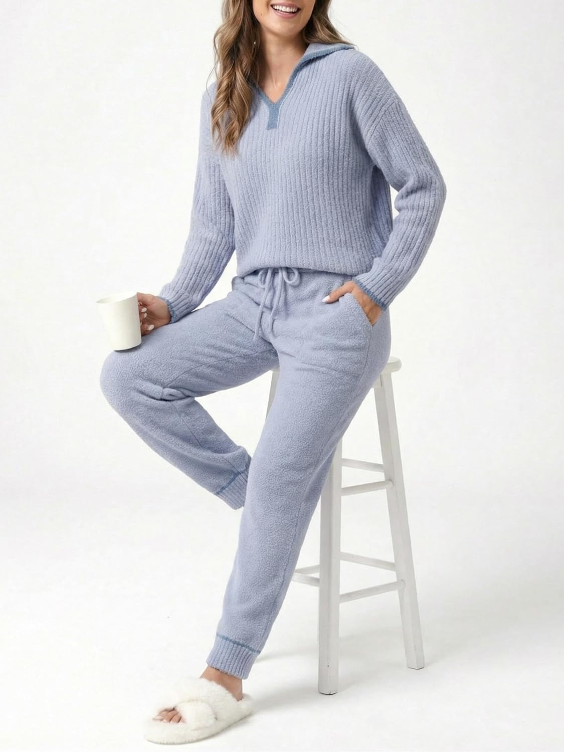 DAVID ARCHY Warm Pajamas for Women Fleece Lounge Sets Winter Fuzzy Cozy Soft Comfy Long Sleeve Pj Sleepwear Hooded Loungewear - Image 4