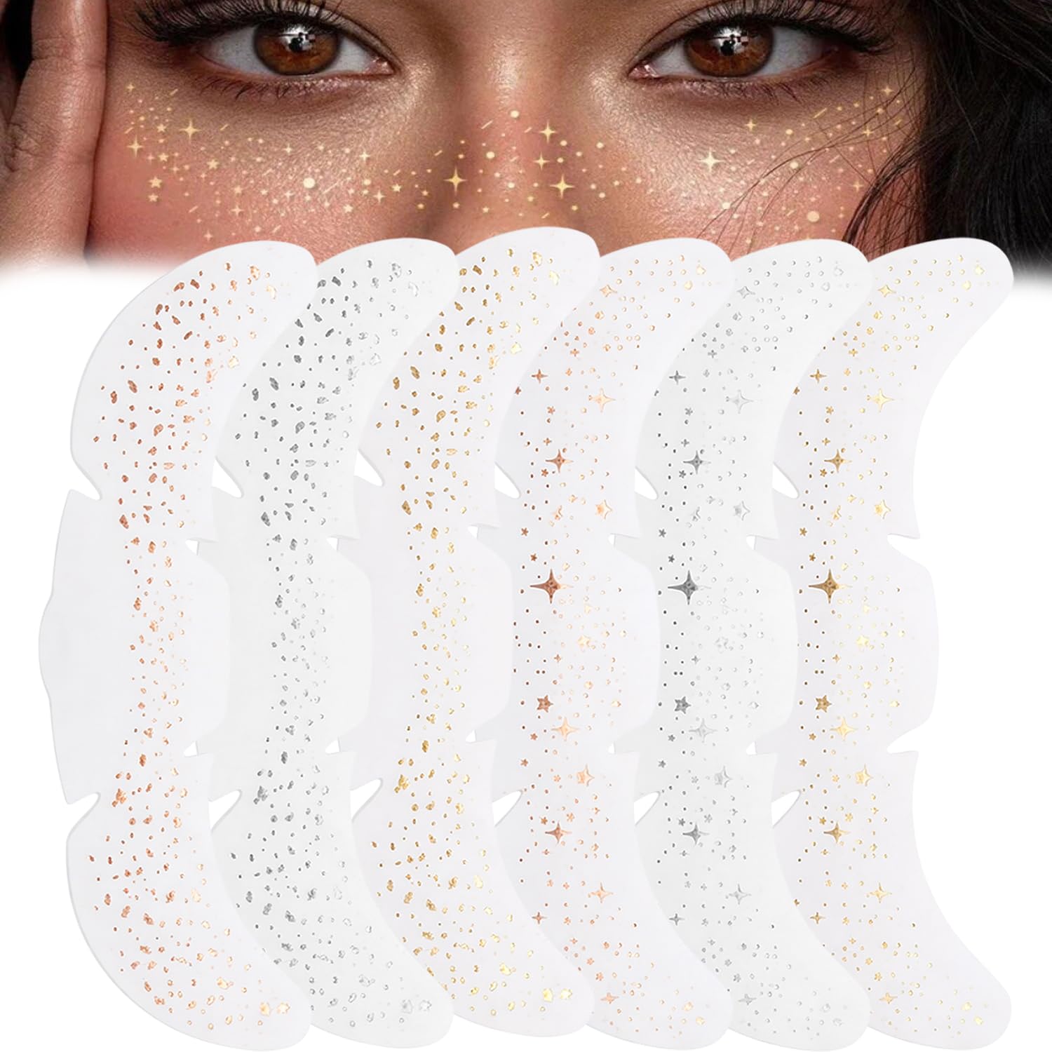 VAMA FASHIONS 6 Cards Temporary Silver Gold Rosegold Glitter Face Tattoo Stickers Waterproof Safe Skin Freckles Star Sparkle Stickerez Makeup Gem Patches Accessories Festivals Parties Combo Set for Women & Girls-image-9