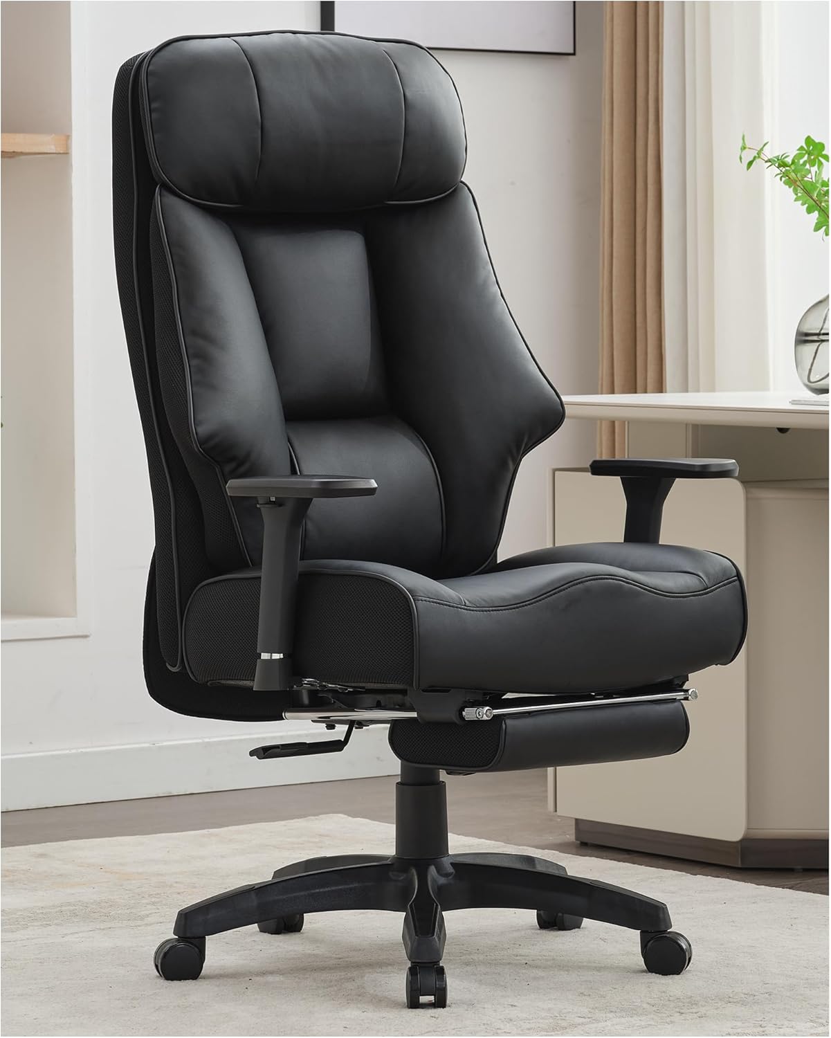 Big and Tall Office Chair 400lbs, Executive Office Chair with Foot Rest, High Back Office Chair with Back Support, Oversized Office Chair for Heavy People, Leather Office Chair Black