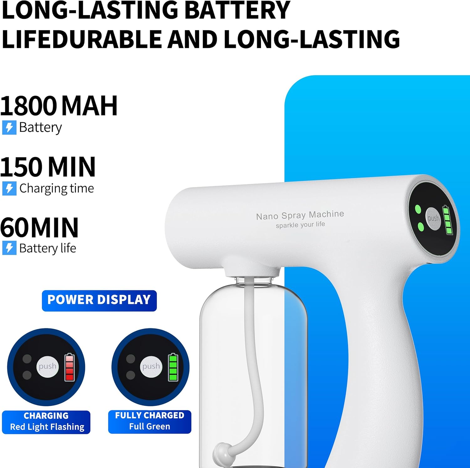 Nano Spray Machine Blue Ray Mist Sprayer Gun – Handheld Cordless Rechargeable Atomize (White, N9S)