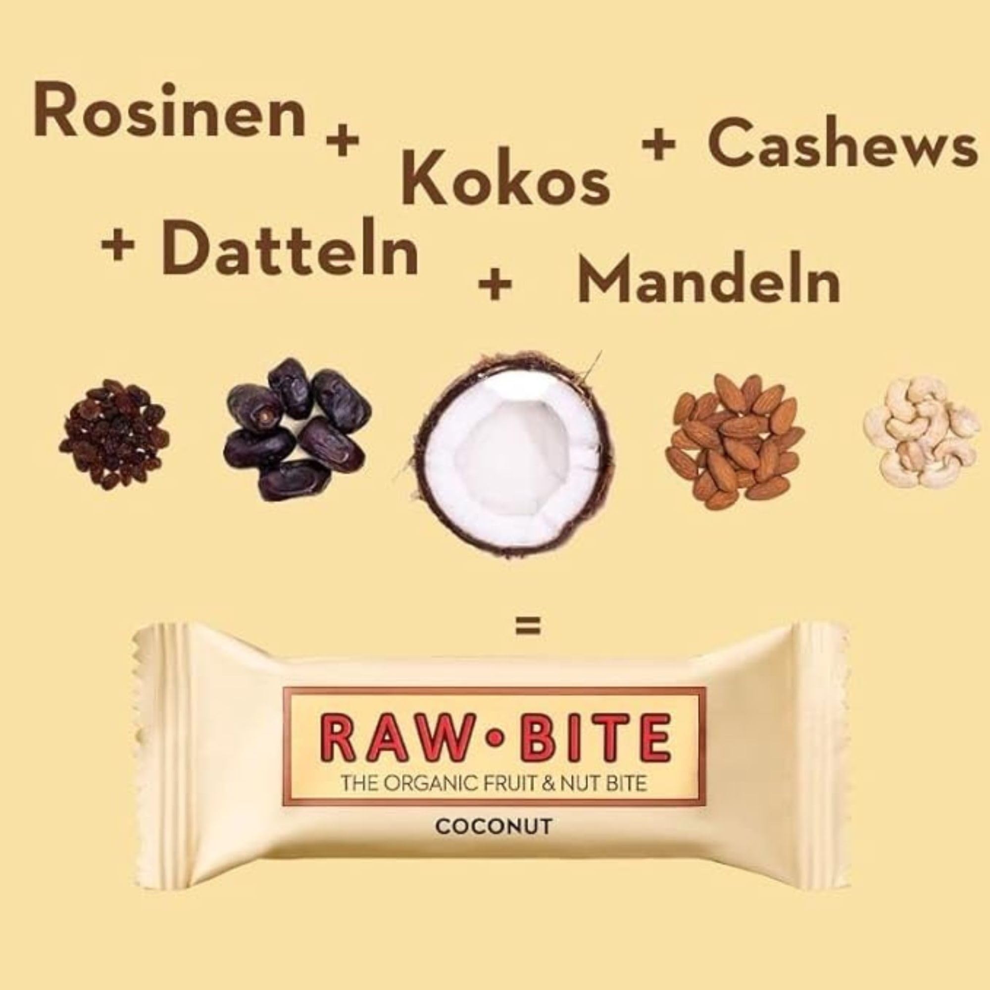 RAWBITE COCONUT in der 12er Box - Vegan, glutenfrei & ohne Zuckerzusatz (enthält von Natur aus Zucker) – Bio Frucht-Nuss-Riegel mit Kokos (12 x 50 g)