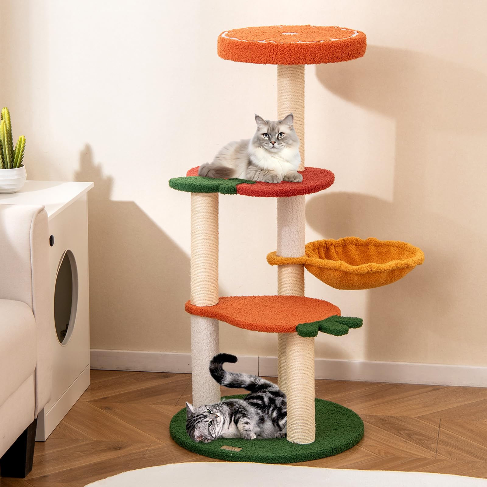 GOPLUS Árbol para Gato de Múltiples Niveles, Centro de Actividad con Plataformas en Forma de Frutas, Percha Acolchada, Postes para Rascar de Sisal, Cesta Giratoria, Mueble Torre Interior para Gatos