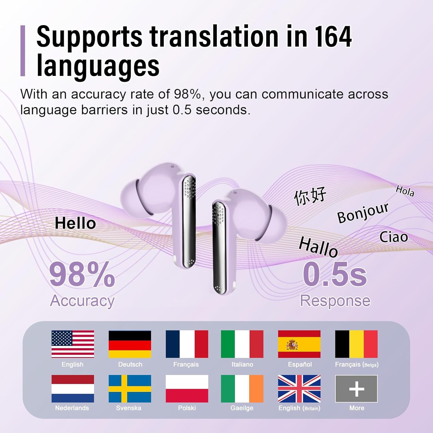 AI Language Translator Earbuds with Audio and Video Calls, 3-in-1 Bluetooth 5.4 Translation Earbuds with 164 Real Time Languages/6 Translation Modes, 48H AI Headphones with APP for Business Violet - Image 2