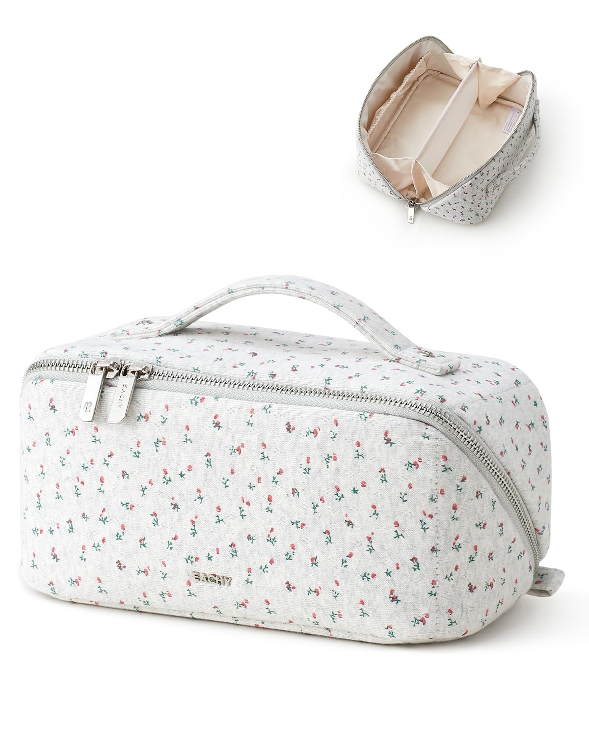 EACHY Makeup Bag, Knitted Floral Cosmetic Bag for Women, 180° Wide-Open Flat Makeup Pouch, Large Capacity Travel Toiletry Bag with Divider and Handle