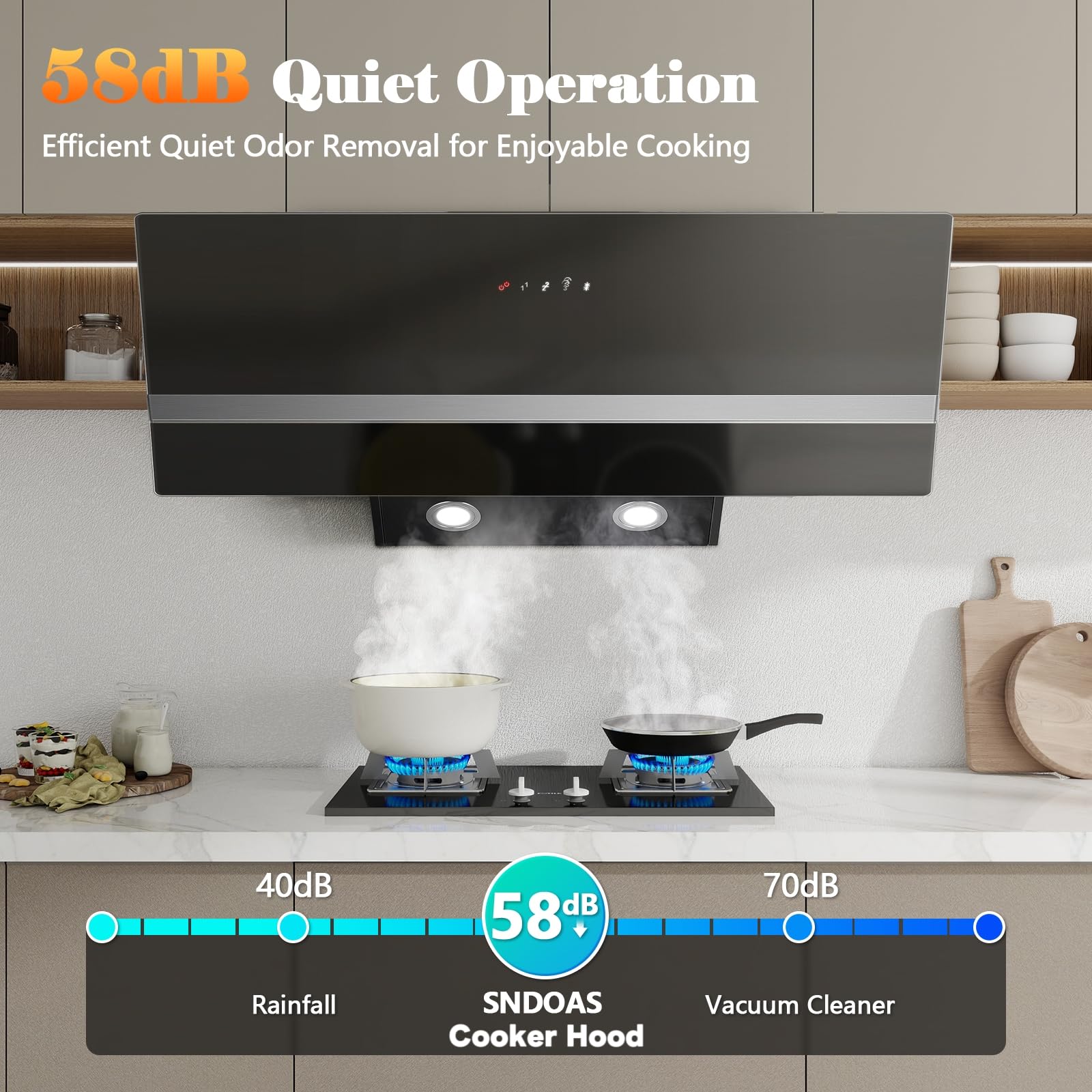 SNDOAS 90cm Cooker Hood, A+++ Wall Mounted Extractor Hood with DC Motor, 450 m³/h, 3 Speed & Booster, Touch Control and Recirculating & Ducting System for Kitchen Extractor Fan, Tempered Glass, LED — view 4