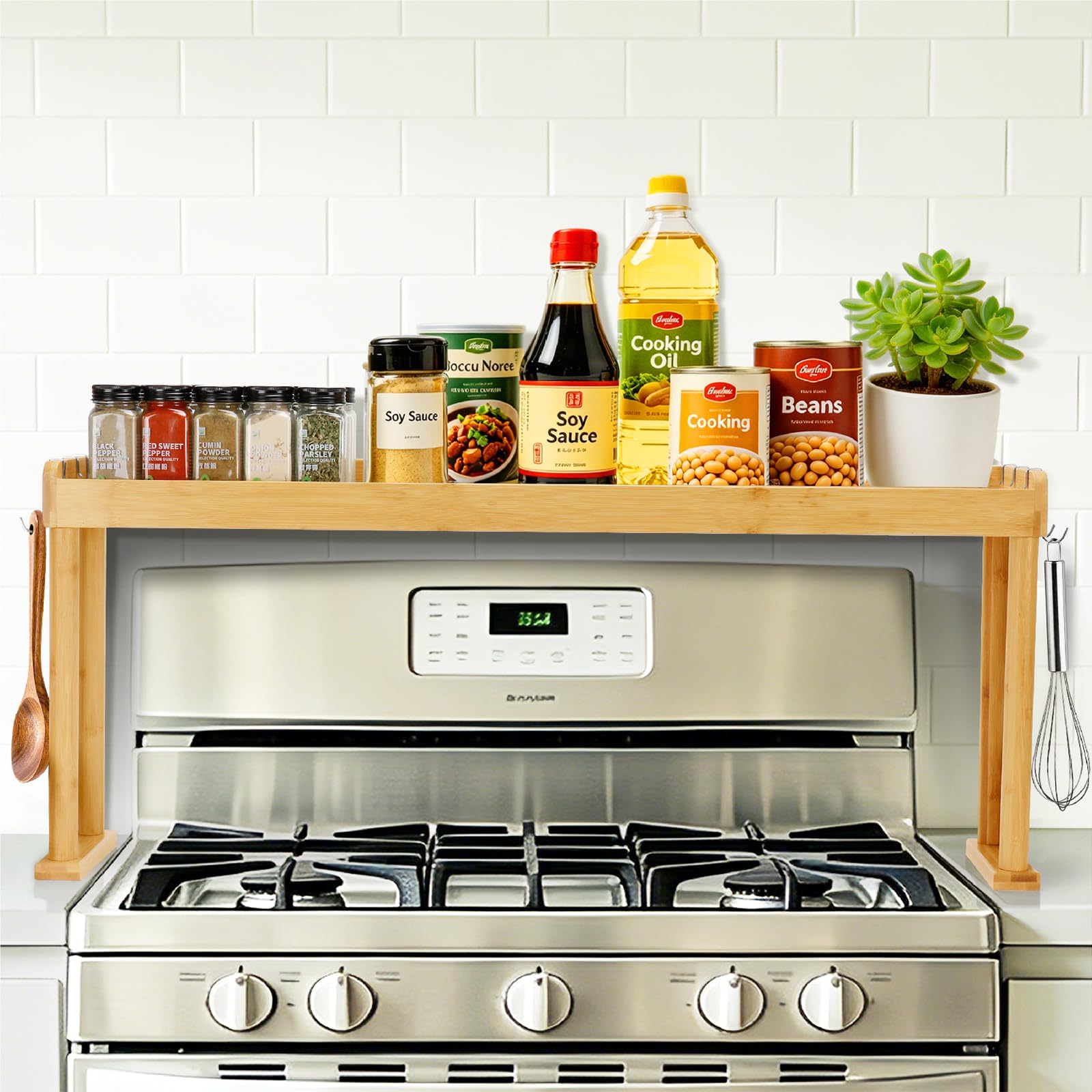 Thalomely Bamboo Over The Stove Shelf For Kitchen,Spice Rack With 6 Hooks
