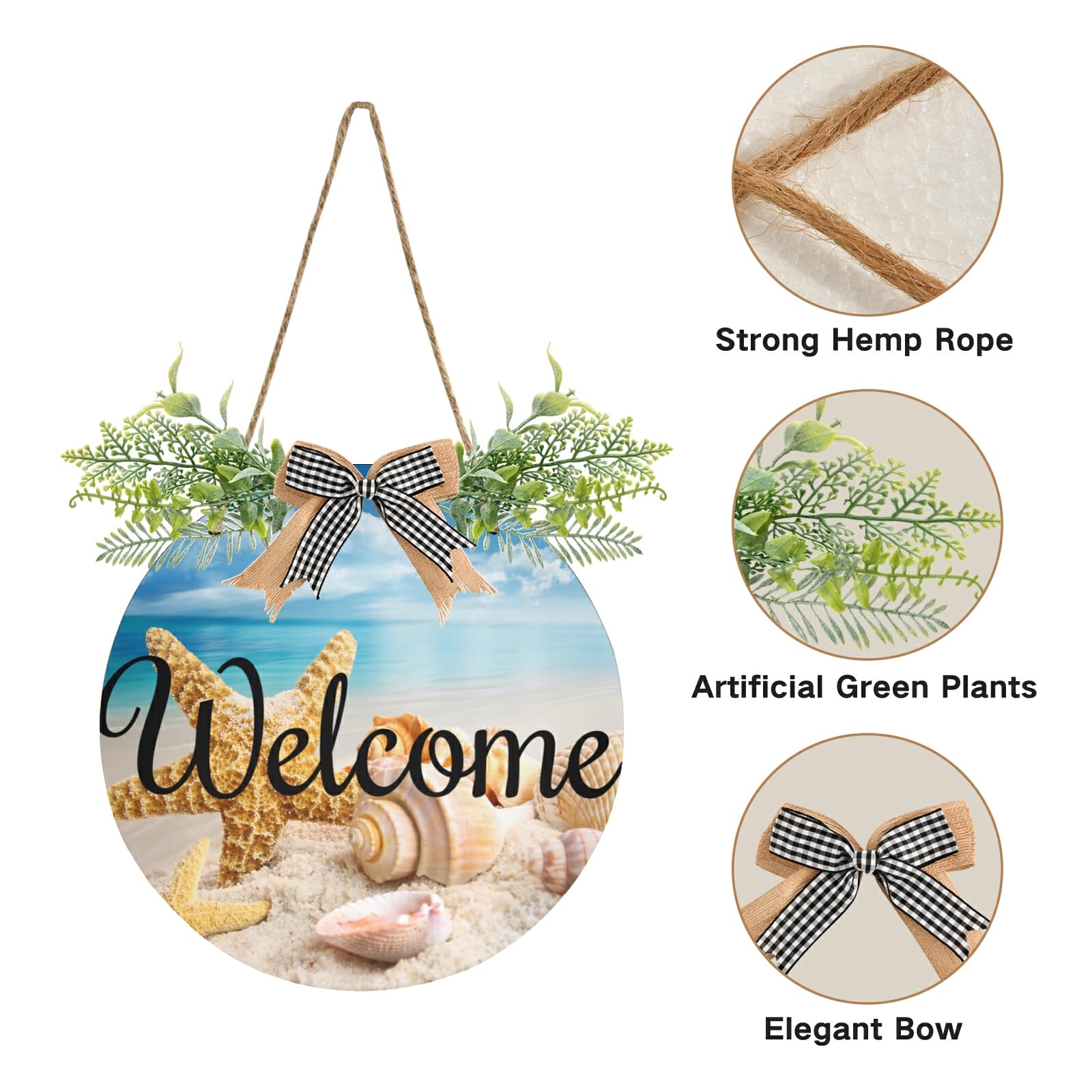 MNSRUU Wreath Door Sign Welcome Starfish and Seashells On The Beach Door Decorations Hanging Outdoor Front Porch Door Round Wreath Decor for Christmas Halloween