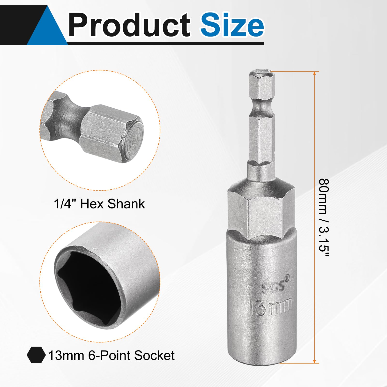 sourcing map Broca de destornillador de tuerca de 13 mm, vástago hexagonal de 1/4 pulgadas, vástago hexagonal de 80 mm de largo, enchufes magnéticos de 6 puntos, ajuste rápido de pernos de acero CR-V