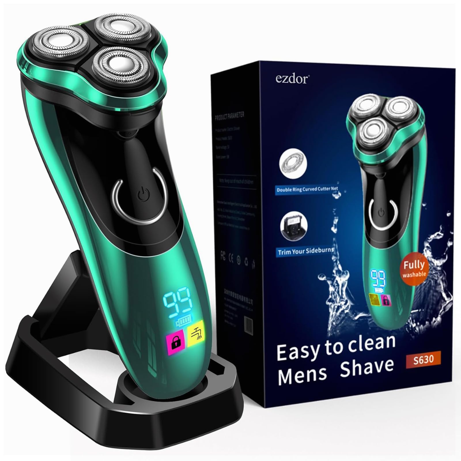 Electric Razor for Men Rechargeable Shaver with Charging Stand Cordless Wet Dry Waterproof Razor with Pop-up Trimmer Green