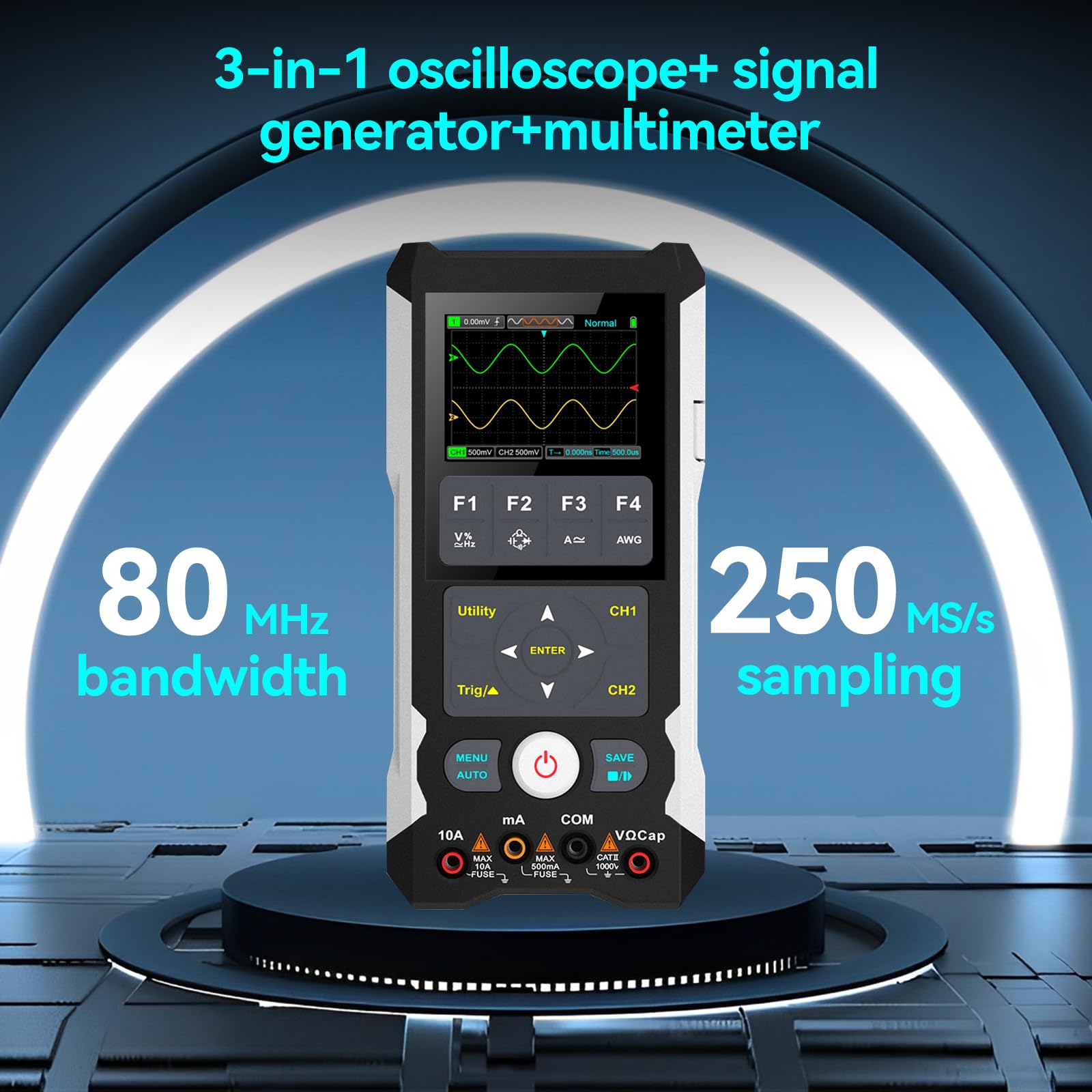 Digitales Oszilloskop + Signalgenerator + Multimeter 3 in 1: Handheld-Digitaloszilloskop 80MHz Bandbreite, 250MS/s, 2 Kanal 2 in 1 Oszilloskop Tragbares Handheld-Oszilloskop für KFZ & Elektronik