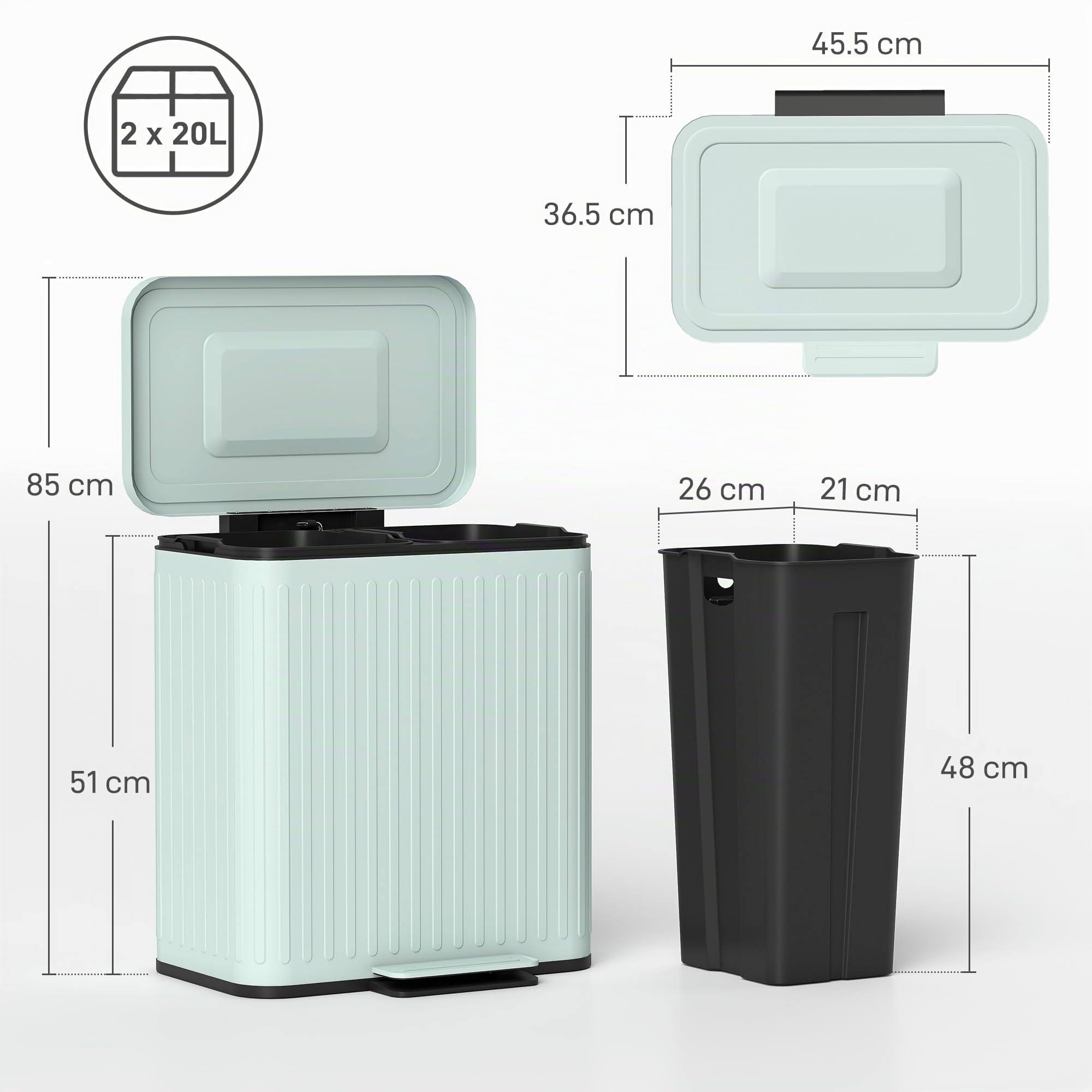 HOMCOM Poubelle double cuisine 2 x 20L pour recyclage et déchets, Vert