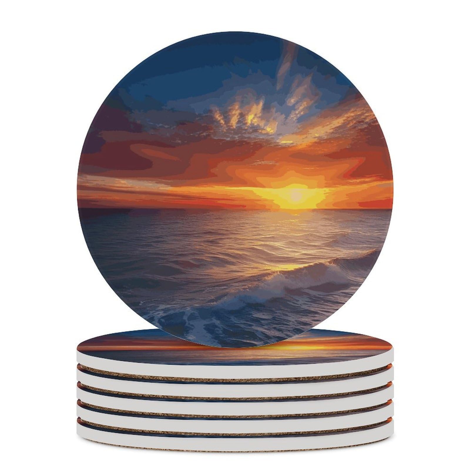Sea and Sunset Coaster with Cork Base Drink Coasters for Coffee Table Decor Modern Cup Coasters with Non-Slip & Heat-Resistant Cute Ceramic Table Coaster for Home Dining