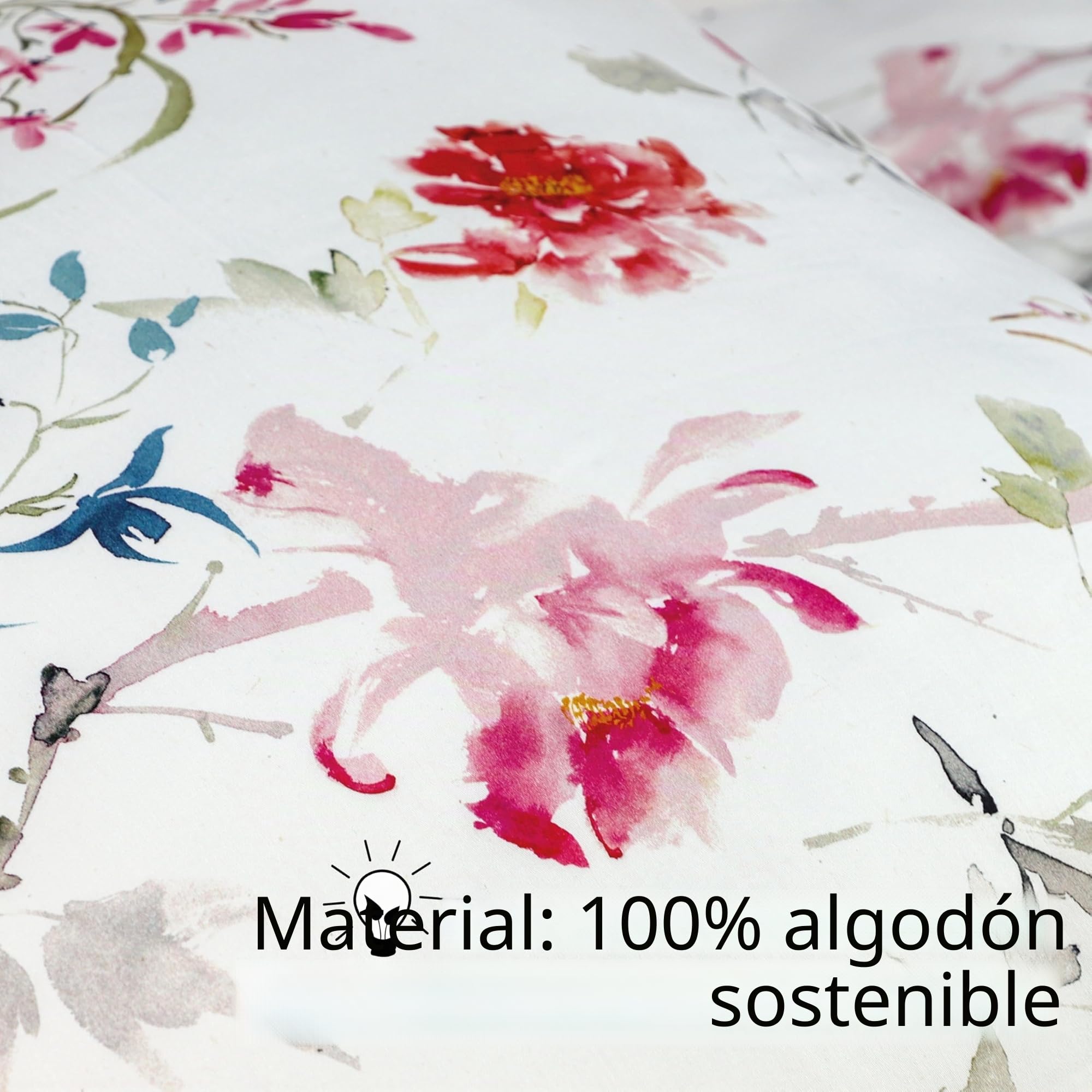 SCHÖNER WOHNEN Juego de sábanas de satén 135x200 algodón flores motivo primavera - Juego de ropa de cama de lujo 2 piezas blanco/beige - transpirable - 1x funda de edredón y 1x funda de almohada