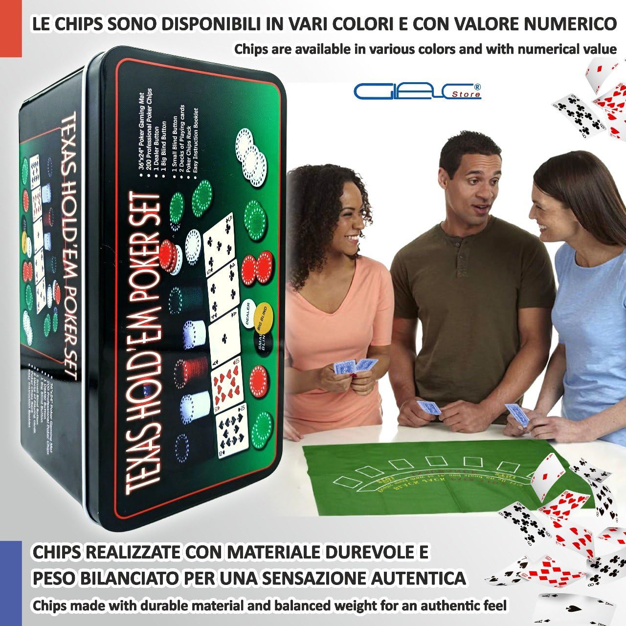 Set da Poker con Scatola in Metallo, 200 Fiches Colorate, 2 Mazzi di Carte, Fiches Dealer, Panno Verde, Big Blind, Small Blind
