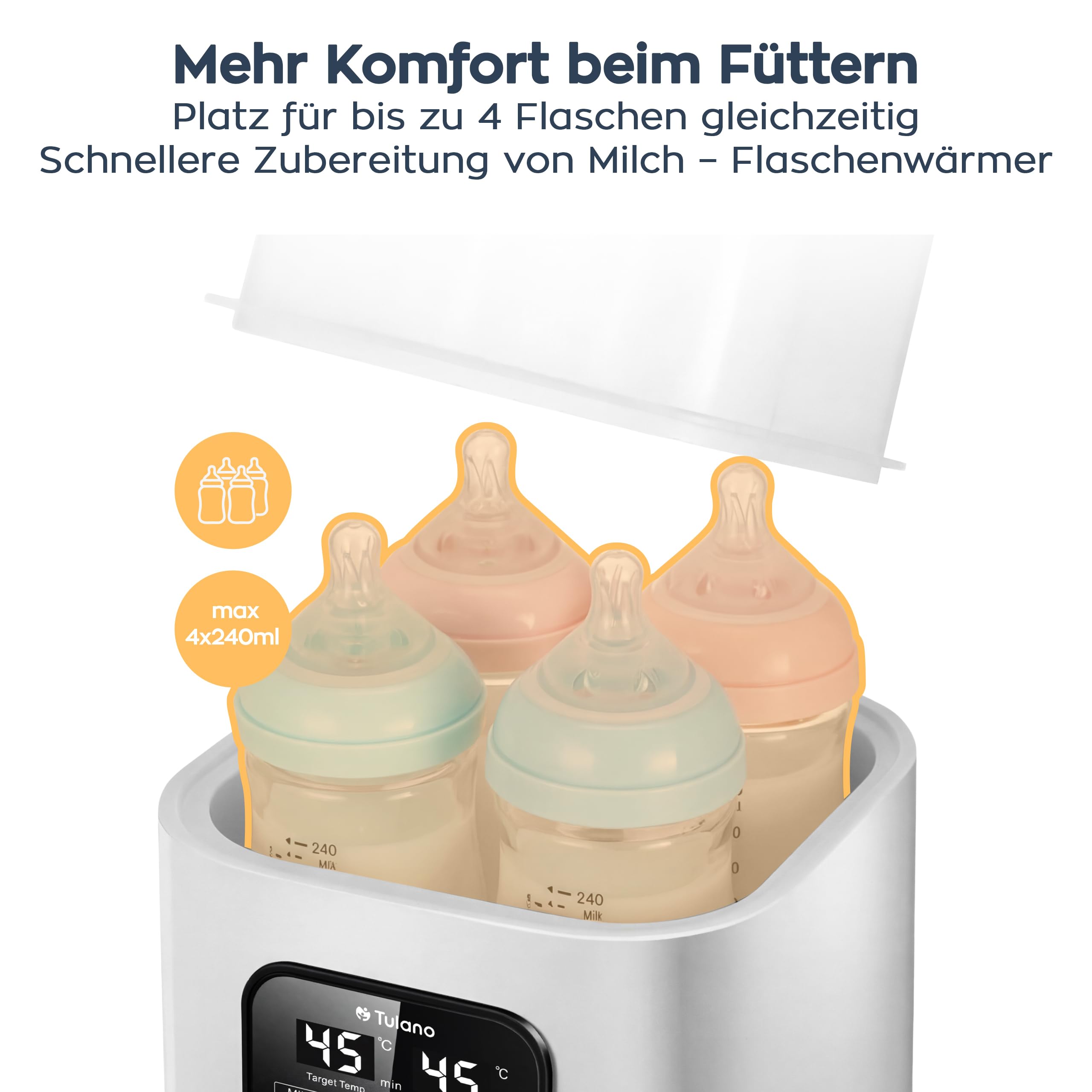 Tulano Ellie 55 8in1 Babykostwärmer mit LCD, Flaschenwärmer Baby, BPA-frei | Sterilisator für Babyflaschen und Fernbedienung – für 4 Fläschchen 60–240 ml – Auftauen und Warmhalten – Weiß