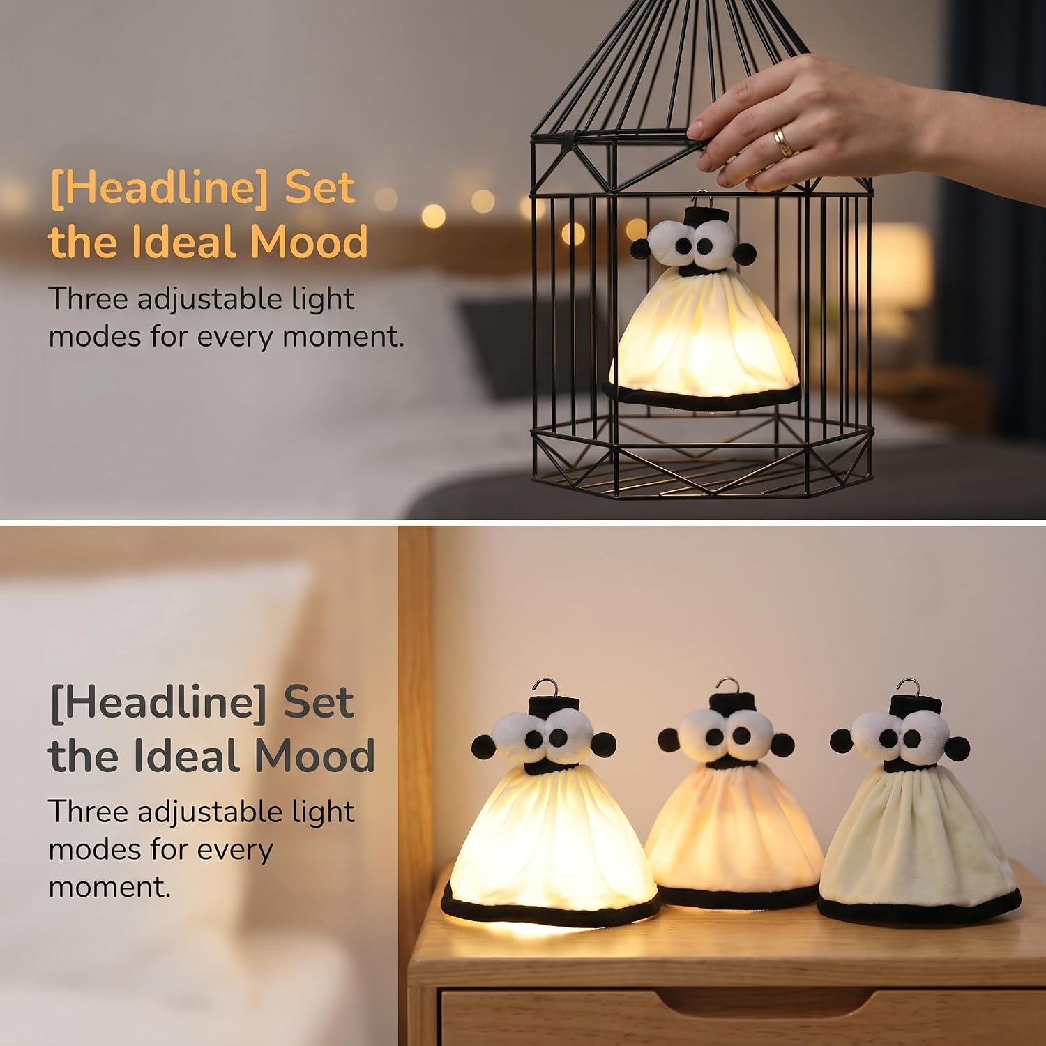 Bird Cage Light - Bird Cage Lighting | Blue Light Lamp | LED Night with Adjustable Brightness | Plush Parrot-Shaped Bulb, 3 Lighting Models (Black, Timer-Controlled)