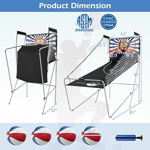 Vista 33 de Goplus Juego de arcada de baloncesto plegable de doble tiro, juego de aro de baloncesto con puntuación electrónica, 8 modos de juego, 4 bolas, Negro