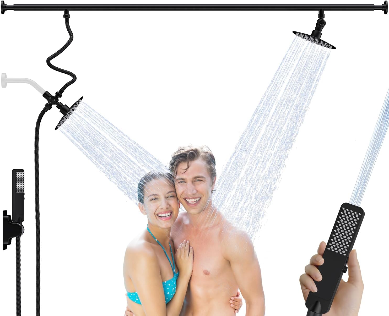 Dual Shower Head for Couples, Adjustable High Pressure Tandem Shower Head, Double Shower Heads for Two People Rod, 6-Setting Diverter, Dual Rain Shower Head with Handheld Combo - Matte Black