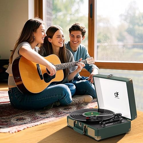 Miniatura 6 de Reproductor de discos de vinilo Bluetooth de audio verde oscuro con altavoces dobles mejorados, grabación USB, tocadiscos portátiles de maleta de 3
