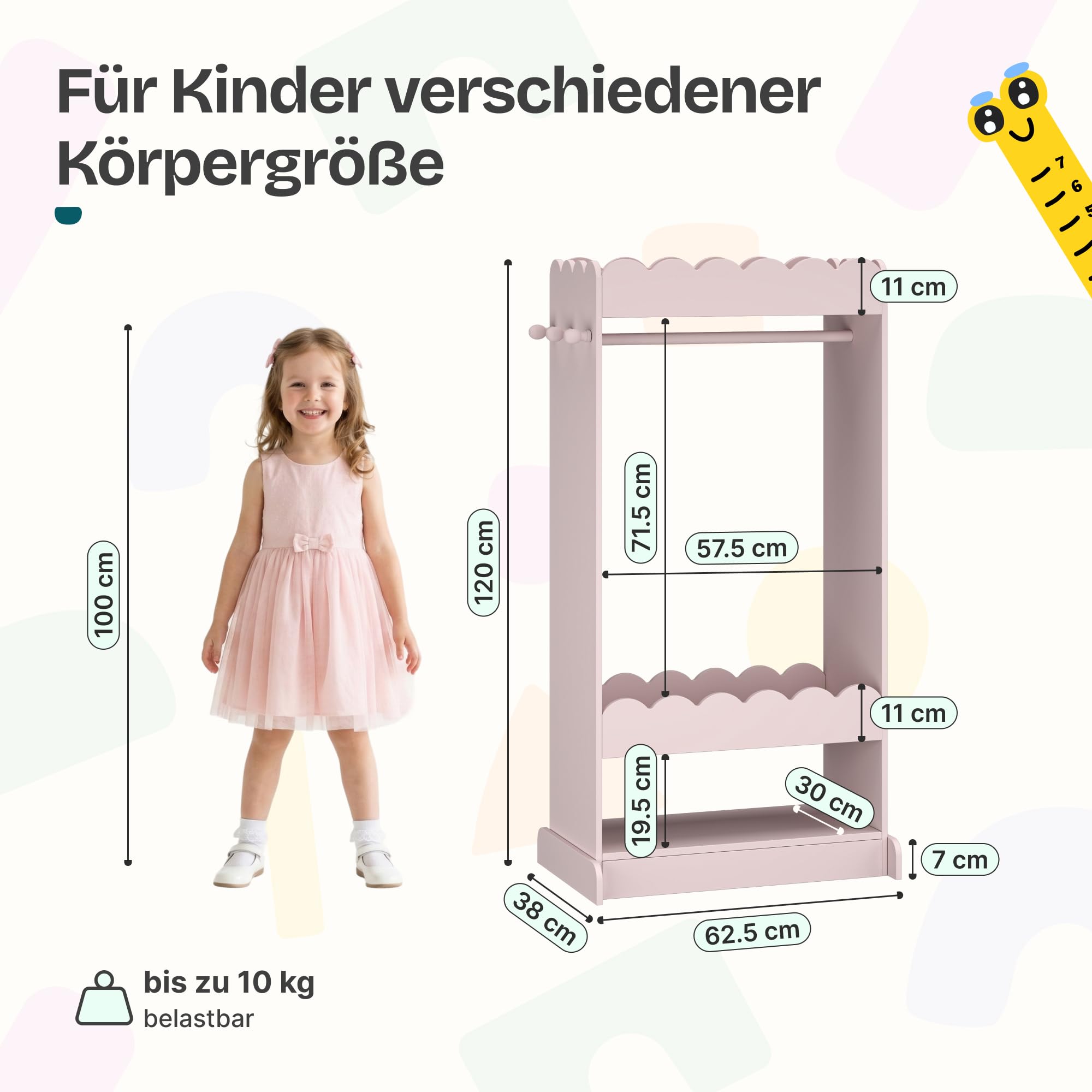 [en.casa] Kindergarderobe stehend Vestnes Kinder Kleiderschrank mit Spiegel und Kleiderstange 120 x 63 x 38 cm Kleiderständer mit 3 Haken Wellendesign Cotton Candy