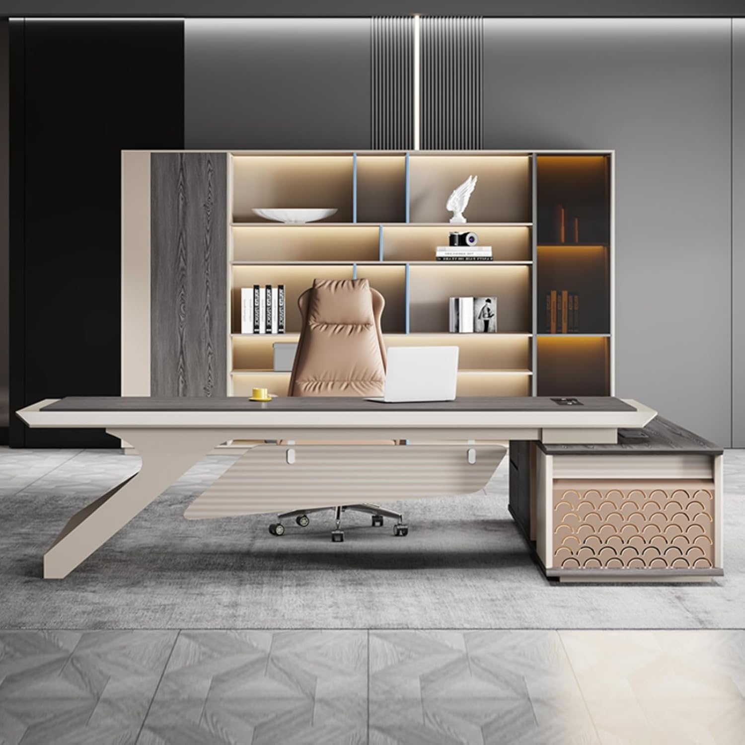 102" Luxury Simple L Shaped Executive Office Desk, Computer Desk with Storage Cabinet, Study Writing Table Business Furniture Set for CEO Boss