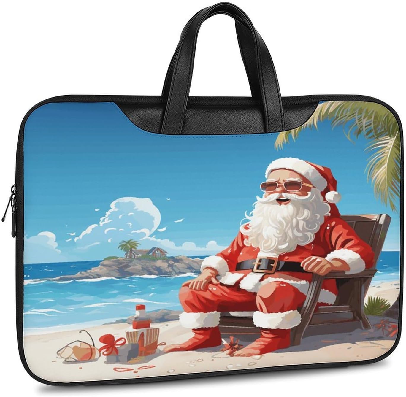 Santa Claus at Beach 42x30.5cm Black-style Laptop Bag Leather Tablet Computer Briefcase Large Capacity Work Business Tote Bags for Office