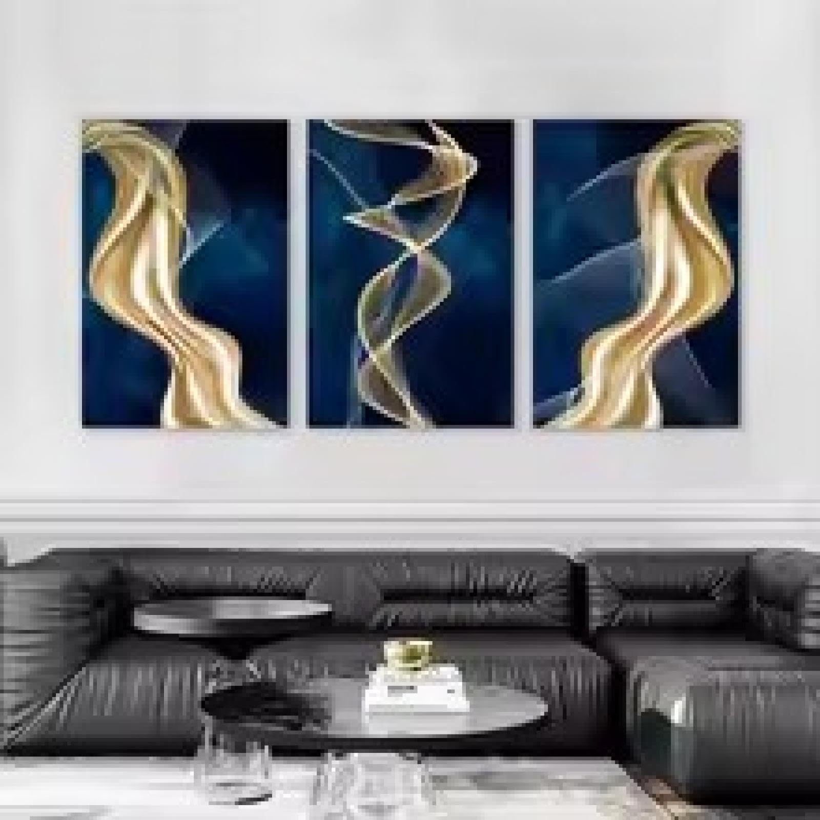 Toile art mural grand format triptyque abstrait moderne lignes dorées pour mur salon - 7