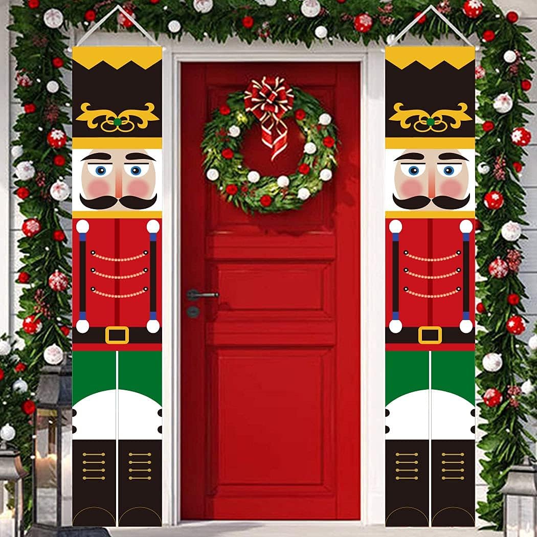 QIAMNI Nutcracker Christmas Banner Decorations- Life Size Nutcracker Soldier Model Christmas Porch Sign, Xmas Decor Hanging Flag for Front Door Yard Garden Outdoor Indoor Holiday Party