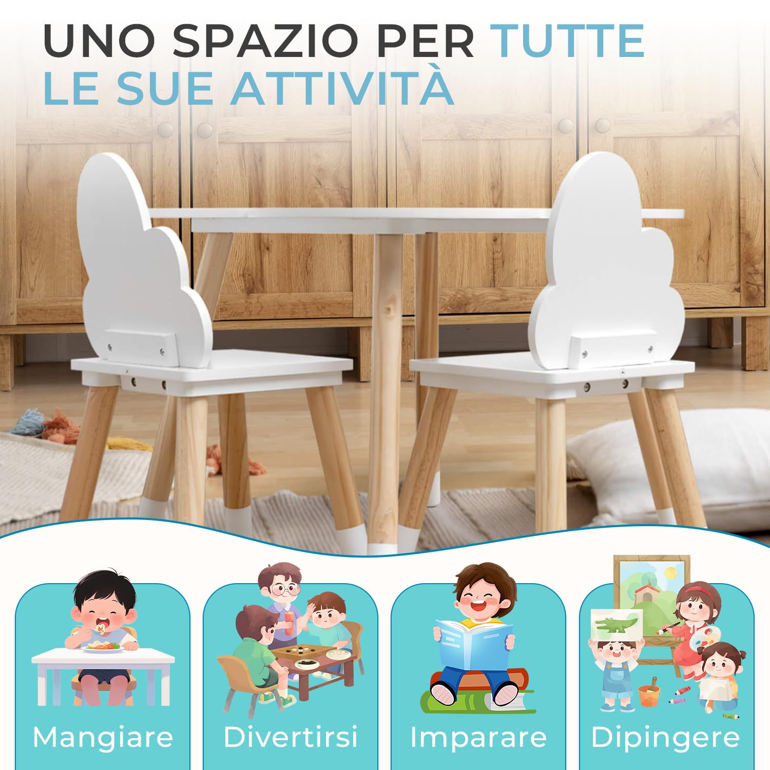 Rebecca Mobili Set Tavolino E Sedie Per Bambini, Sedie e Tavolo Arredo Cameretta Stanza Dei Giochi Bianco Marrone Chiaro, Mdf, Stile Nordico - Misure: 44 x 60 x 60 cm / 50 x 25 x 25 cm - Art. RE6733