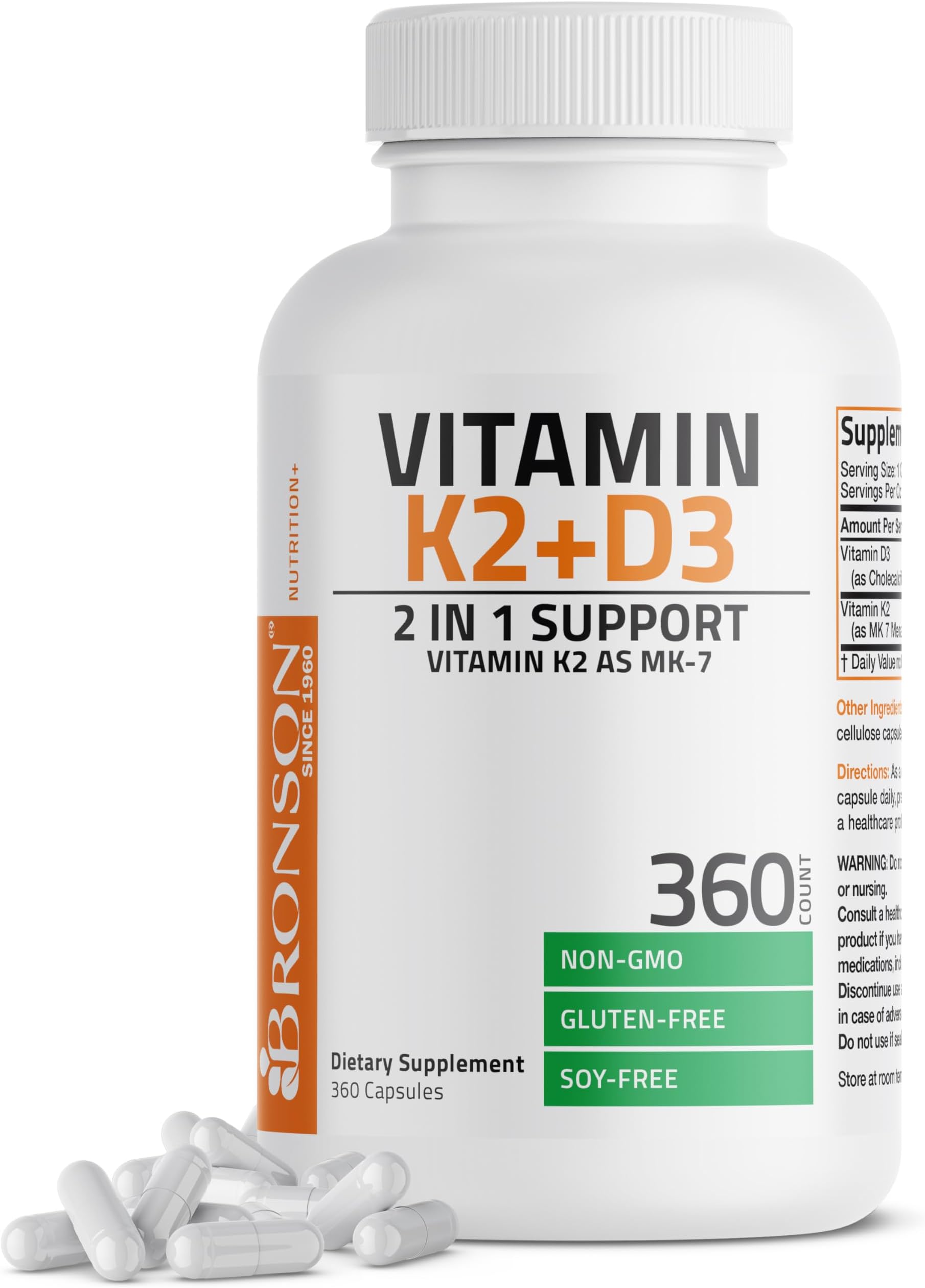 Bronson Vitamin K2 (MK7) with D3 Supplement Non-GMO Formula 5000 IU Vitamin D3 & 90 mcg K2 MK-7 Easy to Swallow D & K Complex, 360 Capsules