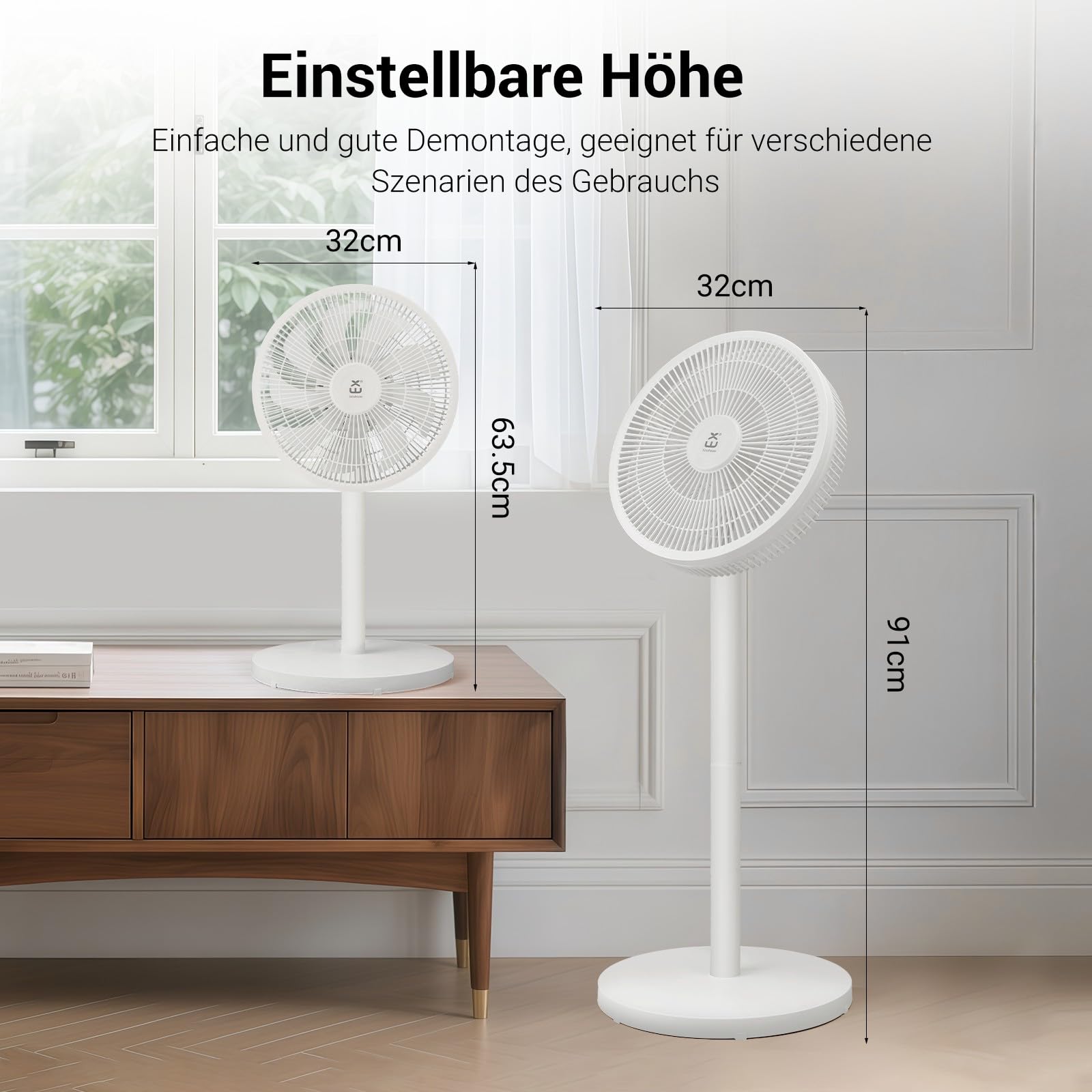 EXTRASTAR Standventilator mit abnehmbarer Stange (91cm/63.5cm), 3 Geschwindigkeitsstufen, 90° Oszillation + 35° Neigung, 50W Energiesparmodus für Schlafzimmer, Büro, Wohnzimmer (Weiß)