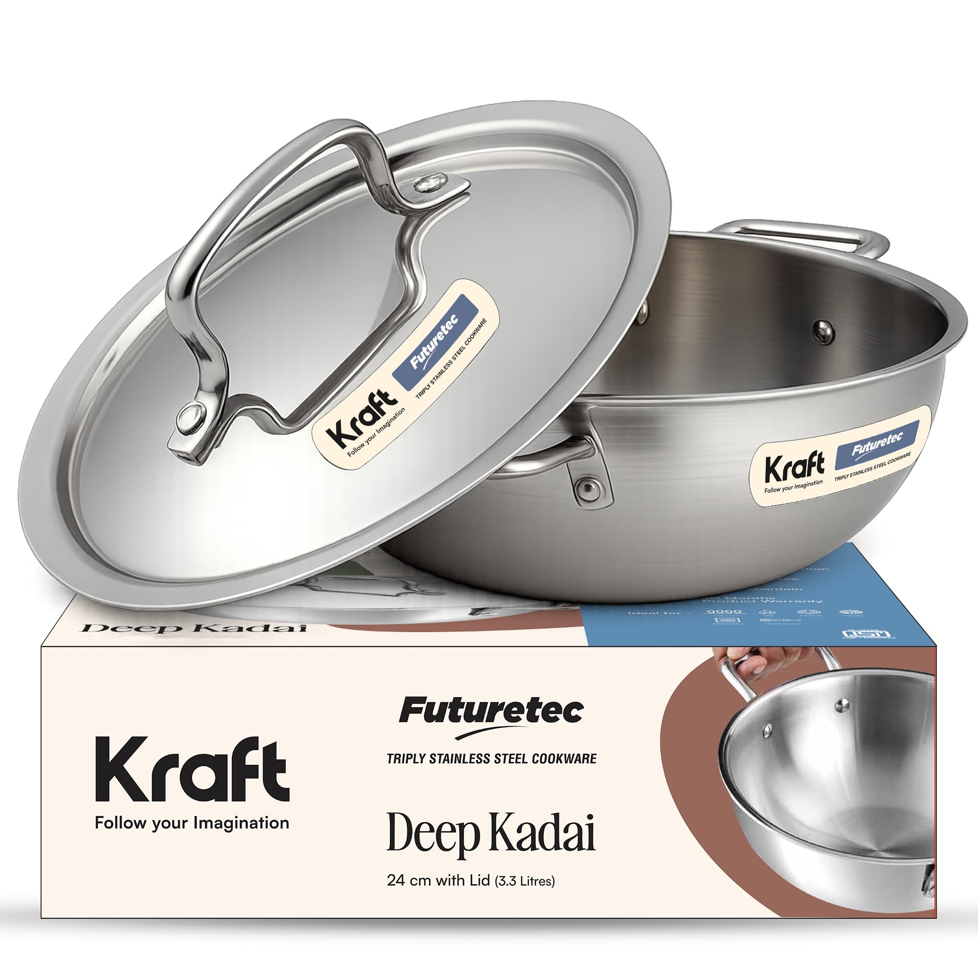 Kraft Futuretec Triply Stainless Steel Kadai with Lid – 3.3 Litre (24 cm), 2.5 mm Thick Extra Deep Kadai | for Large Families & Festive Cooking | Even Heat Distribution | 5 Years Warranty-picture-25