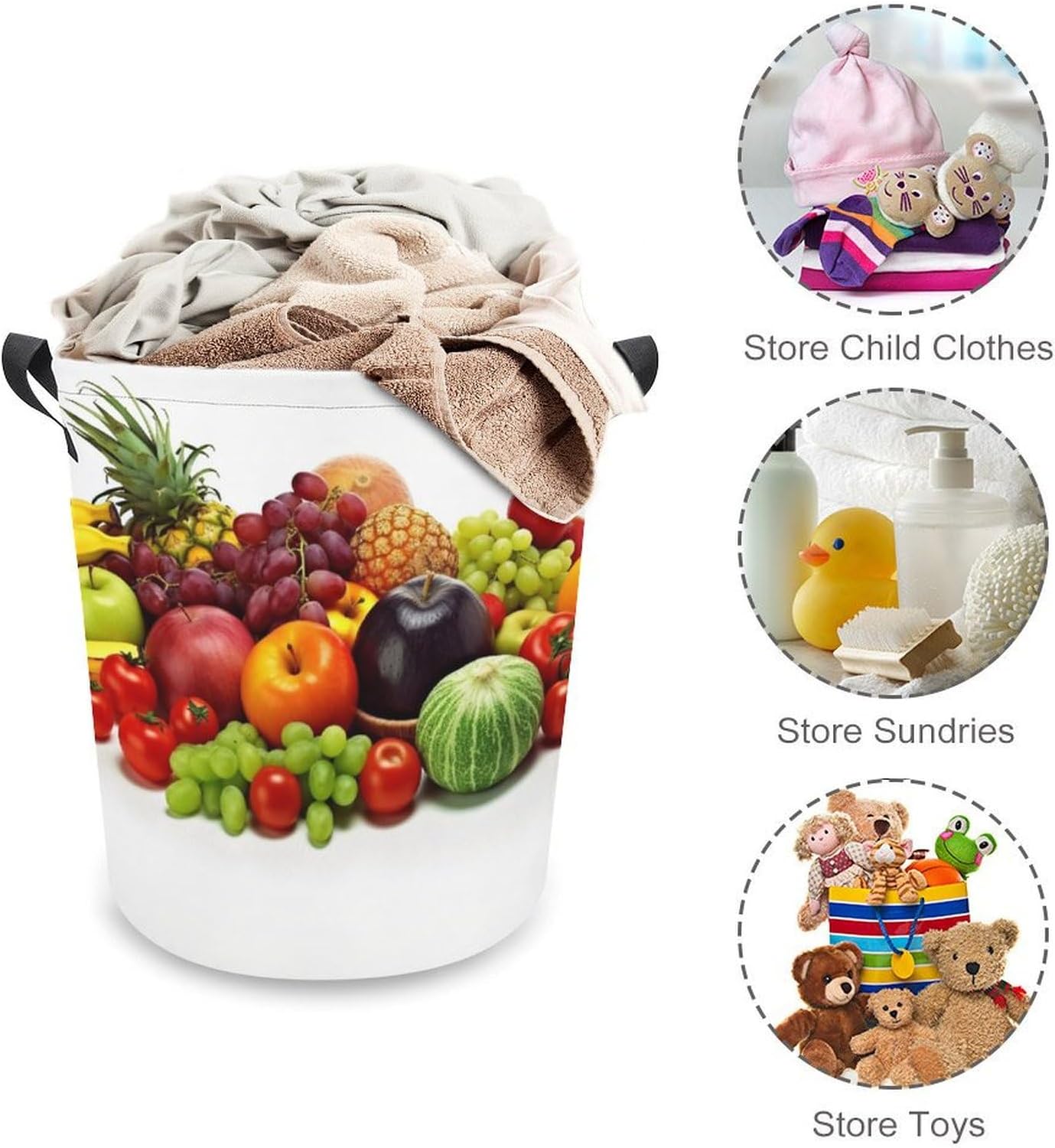 Collapsible Laundry Hamper with Handles Waterproof Dirty Clothes Hamper Variety Fresh Vegetables Fruits Laundry Bag Large Laundry Basket for Toys Clothes Organizer Bag
