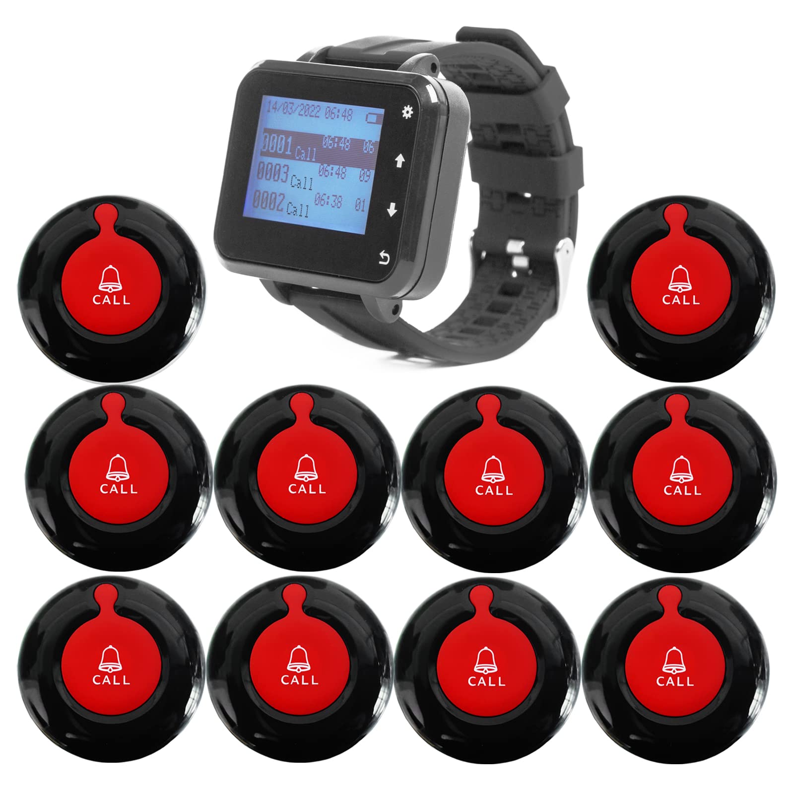 Wireless Calling System Service Pager Vibration Sound Alarm for Restaurant Cafe 1 Wrist Watch 10 Table Call Button for Customer (Black-Red 1+10)