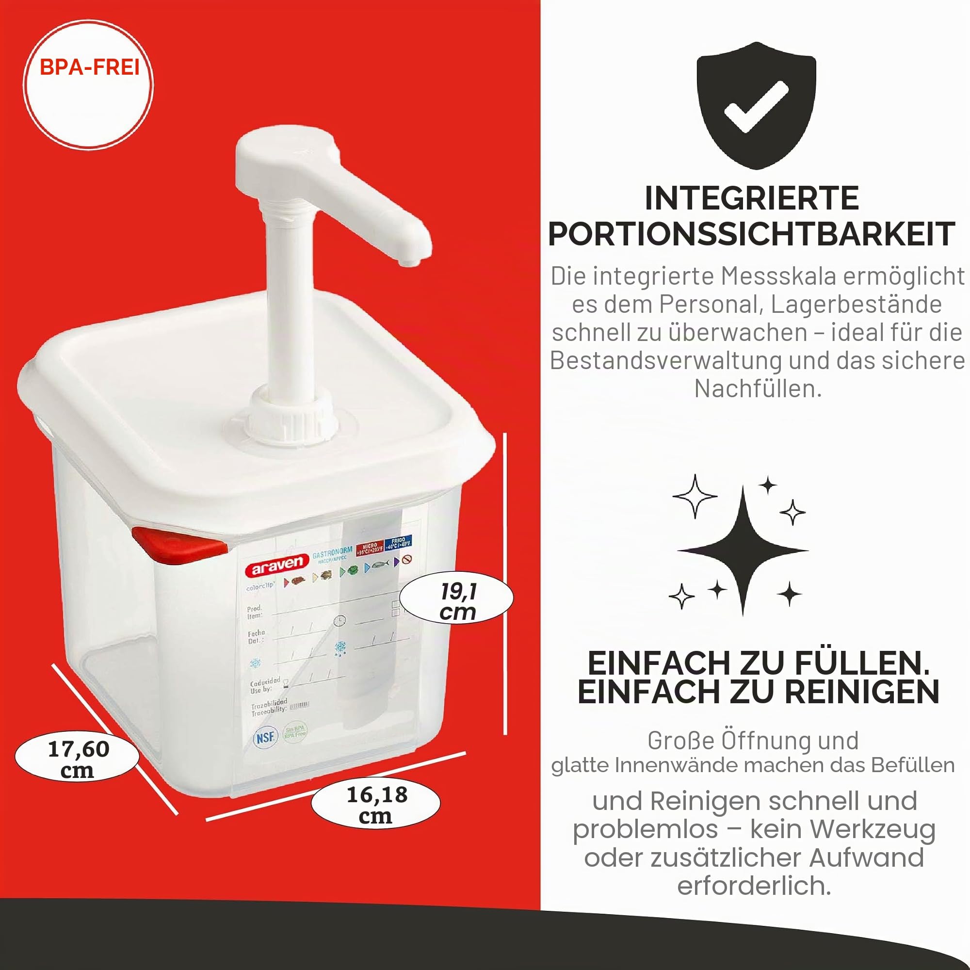 Araven RVN013 Saucenspender GN 1/6, Transparent, spülmaschinenfest, Druckpumpe, 2,6 l,