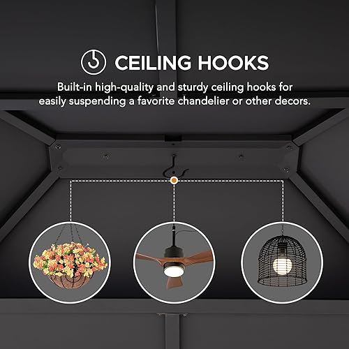 Miniatura 5 de SUNJOY Gazebo de techo rígido de 10 x 12 pies, con marco de acero resistente para exteriores, pabellón de doble techo con gancho de techo y paredes