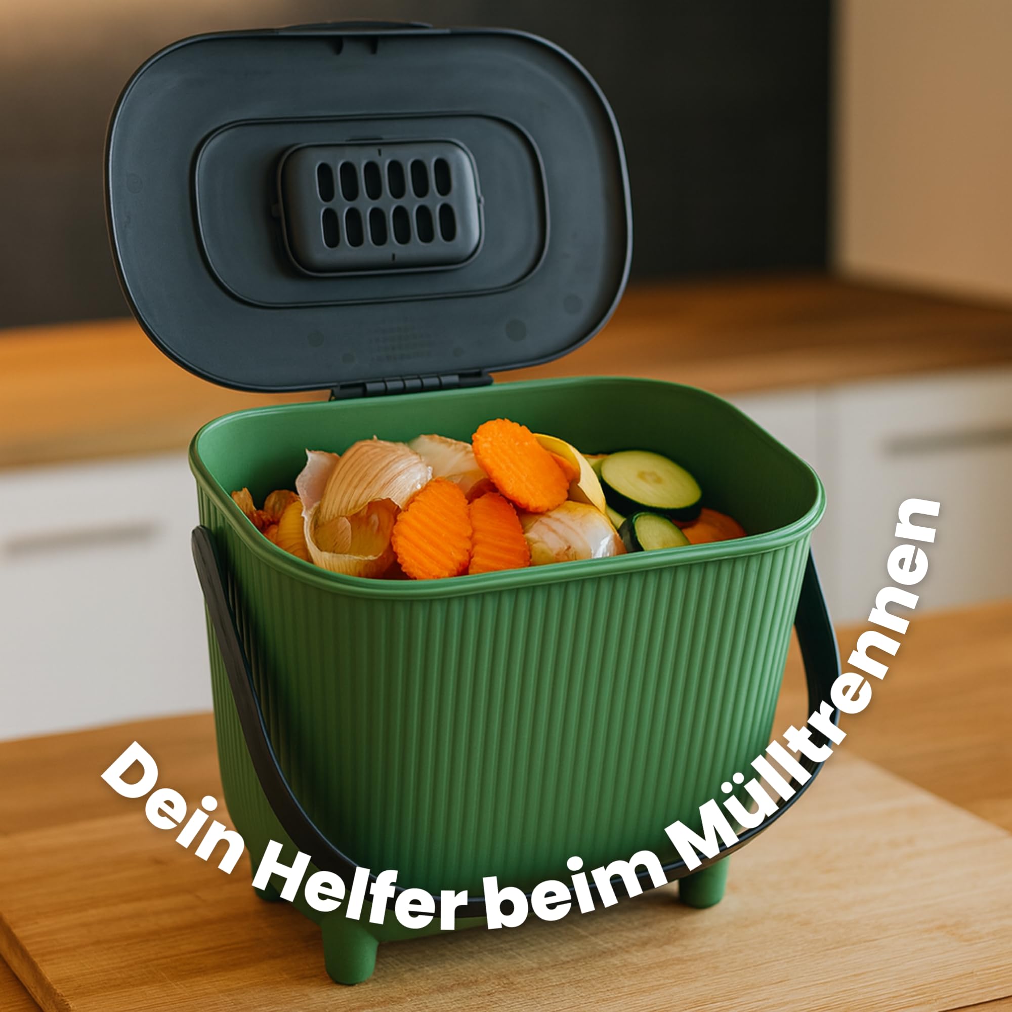 Secchio per compost biologico da 10 l con coperchio, filtro ai carboni attivi e maniglia per il trasporto, salvaspazio e inodore per cucina, riciclabile, verde con coperchio grigio, Kamai Home