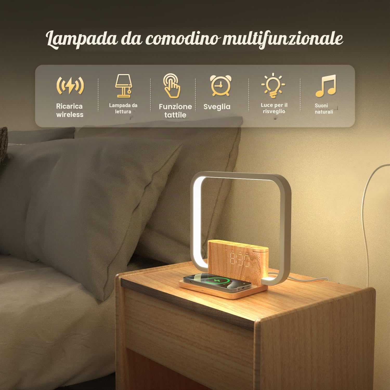 Lampada da comodino con ricarica wireless 10 W, luce Wake Up, 10 suoni naturali, aiuto per addormentarsi e lampada da tavolo dimmibile 3 livelli