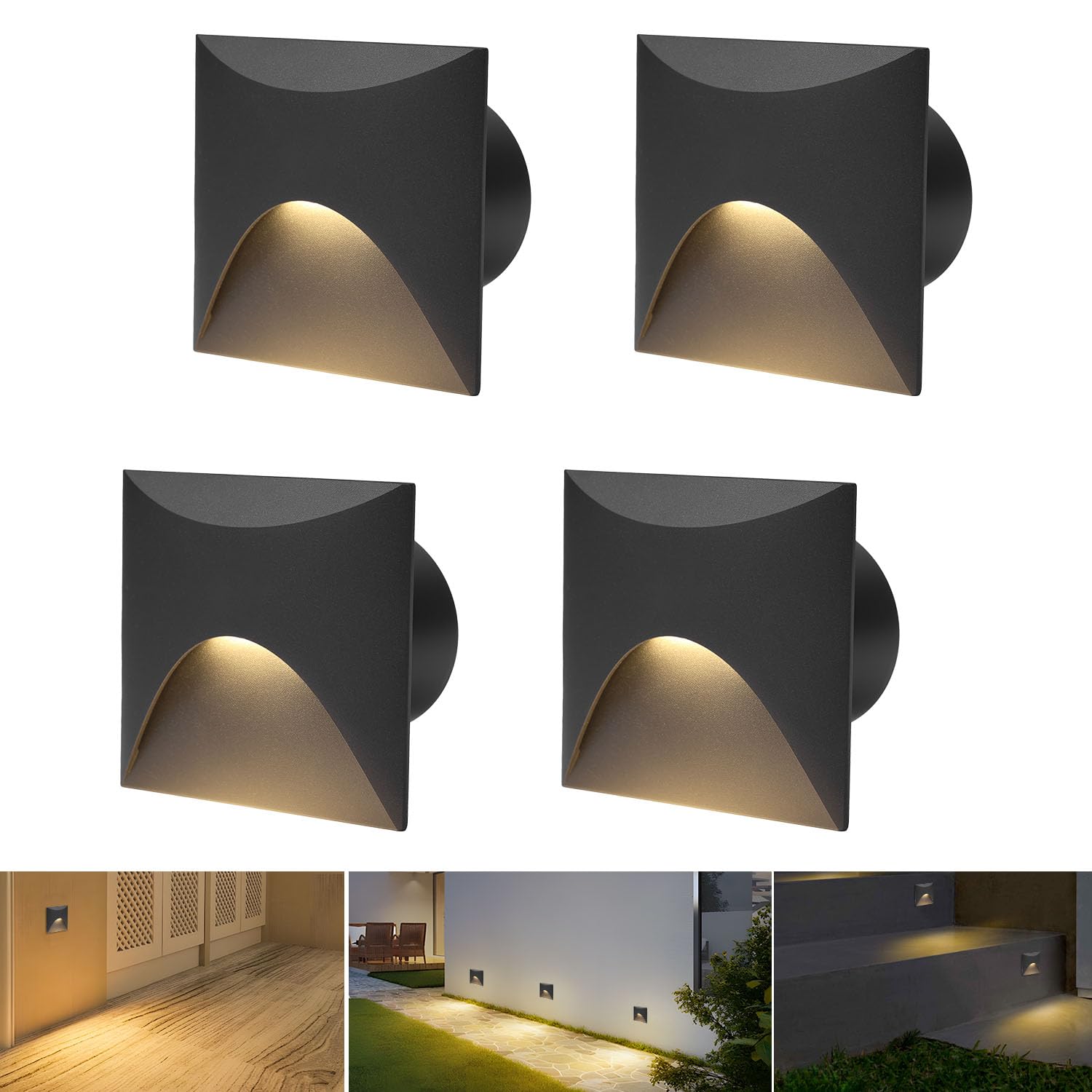 Arotelicht 4 Lampes d'escalier LED 3W Blanc Chaud 3000K Applique Murale en Aluminium 230V à angle encastré IP44 étanche Intérieur Extérieur Noir Lumière des marches, avec boîte d'encastrement