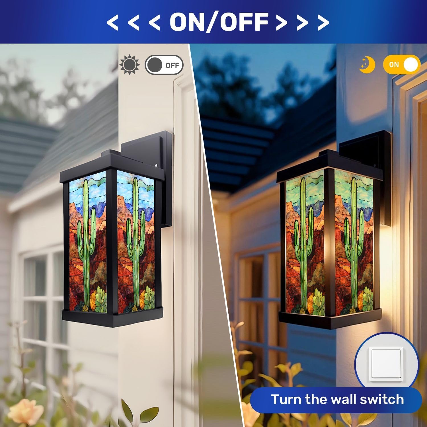 Outdoor Wall Light Fixtures Stained Glass Decor Saguaro Cactus Twilight Desert Western Exterior Waterproof Wall Sconce Lantern with Acrylic Shades Anti-Rust Lamp for Patio Doorway Garage