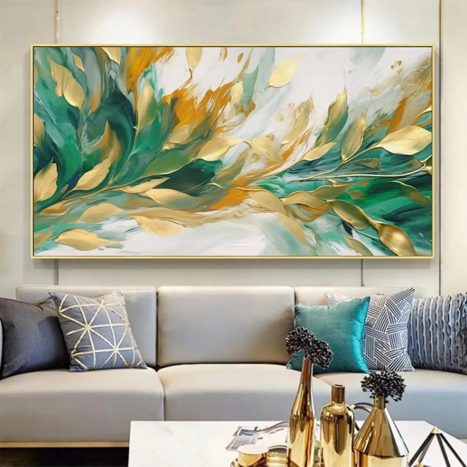 Cuadro abstracto de hojas modernas grandes sobre lienzo, decoración artística dorada, planta verde, pintado a mano, arte de pared para sala de estar, 70 x 140 cm (28 x 55 pulgadas), con marco dorado.