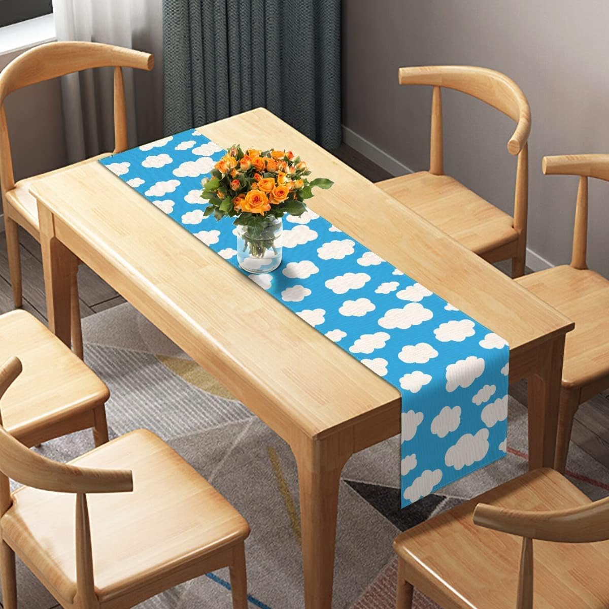 Linen Blue Sky White Cloud Table Runner Boy Girl Baby Shower Happy Birthday Indoor Outdoor Party Table Cover Decoration Home Kitchen Dining Room (13" x 108") image 2
