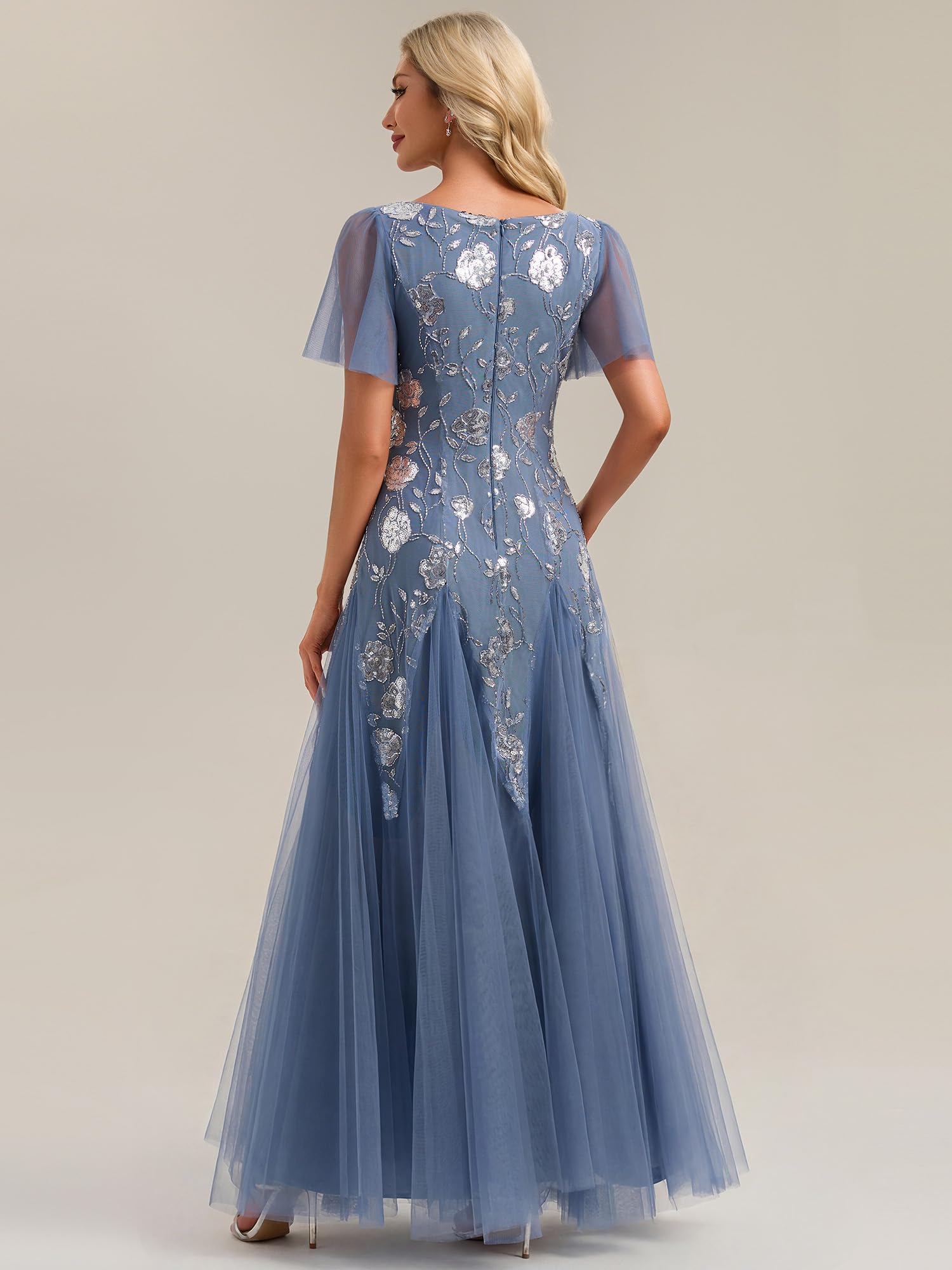 Ever-Pretty Abito Cerimonia Donna Collo a V Maniche Corte Paillente Maxi Gonna Svasata EE02665