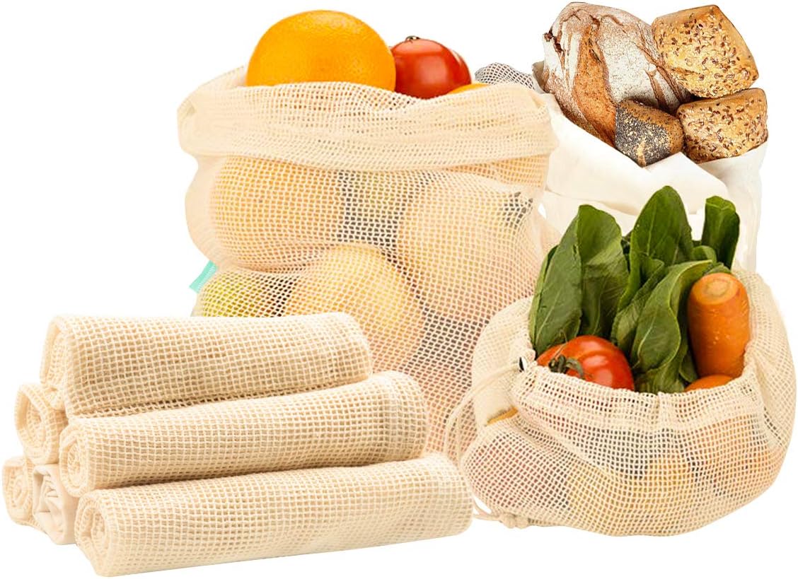 Reusable Produce Bags, Yvonnesly Eco Friendly Grocery Veggie Bags for Vegetables, Fruits, Shopping & Storage, Washable Organic Cotton Mesh with Drawstring (6 Pack with 3 Sizes)