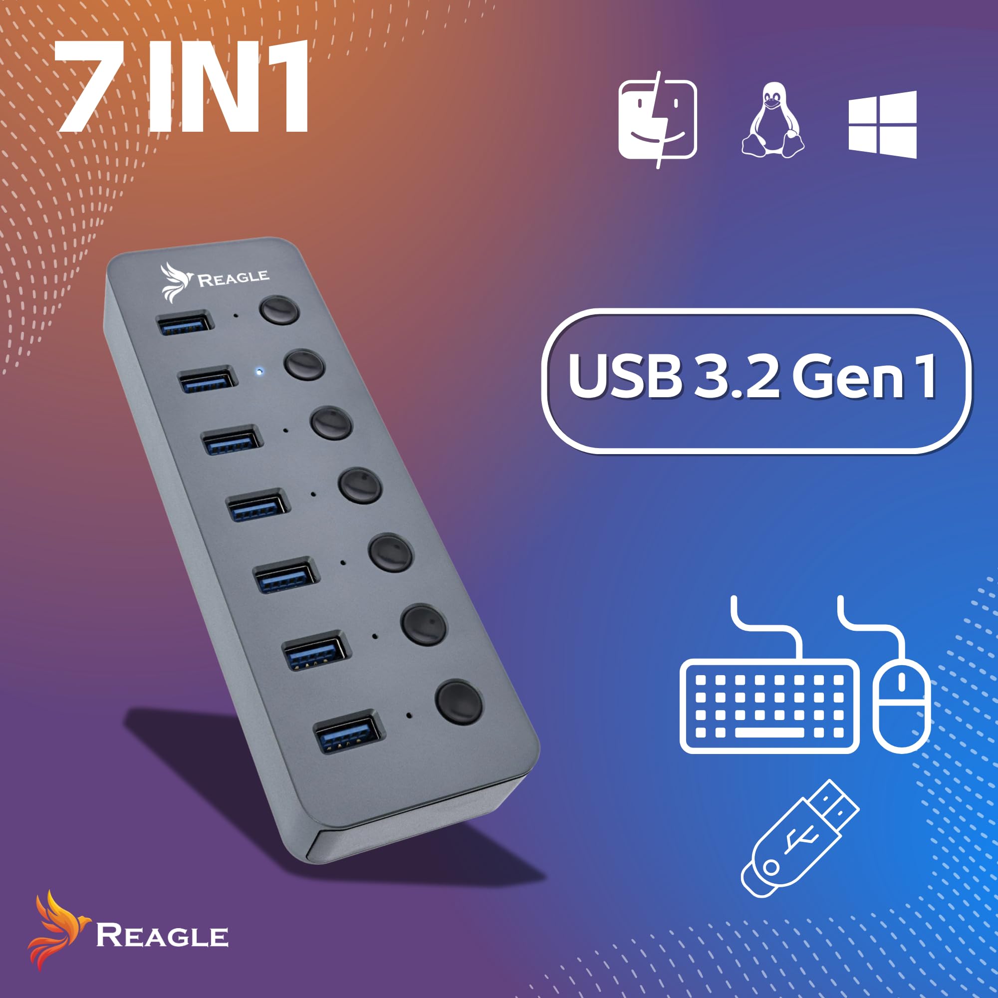 Reagle Hub USB 3.2 Gen 1-7 Ports USB-A avec Bloc d'alimentation de 24 W, Interrupteur Unique, SuperSpeed 5 Gbps, Plug & Play, boîtier en Aluminium - Idéal pour Ordinateur Portable et PC